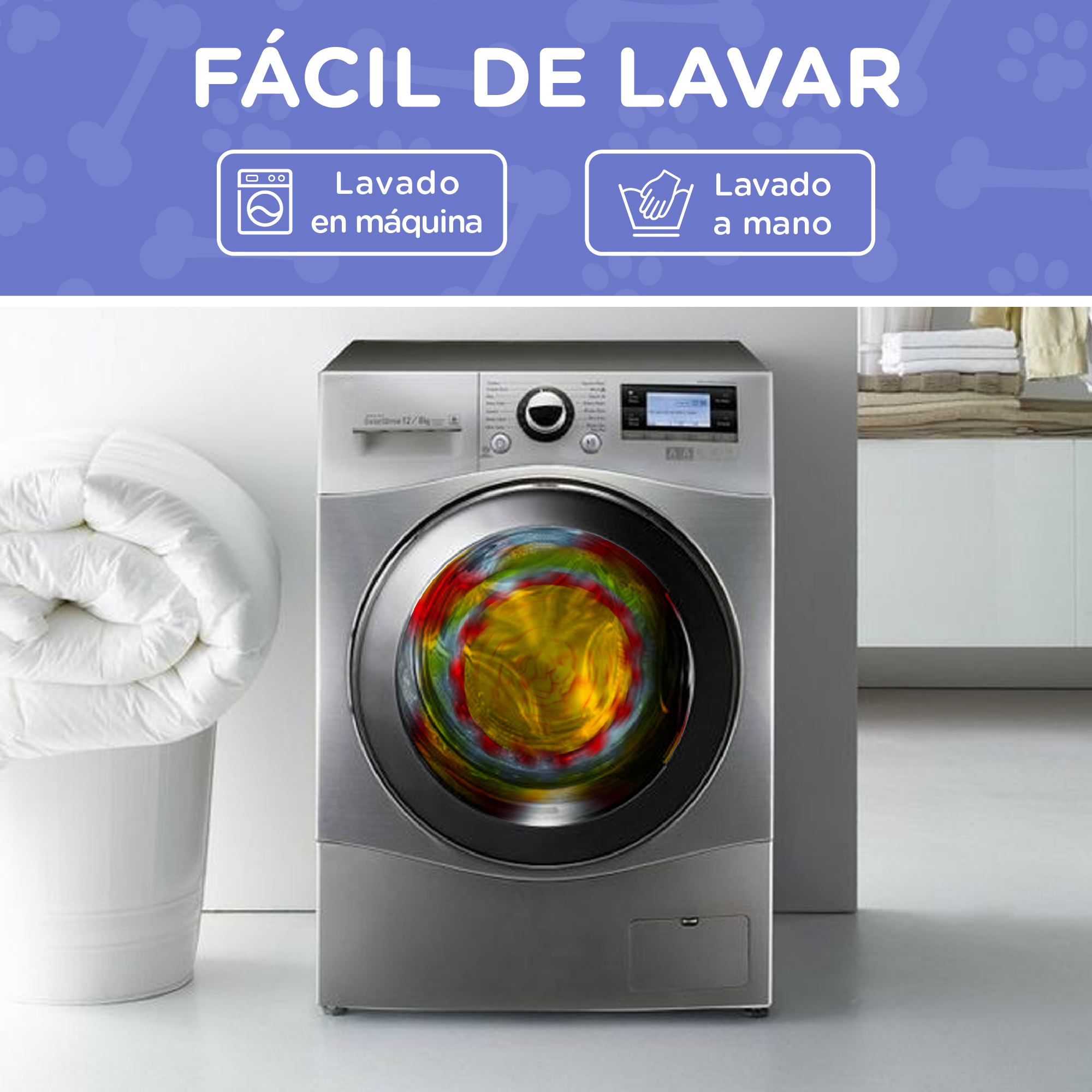 Una lavadora con una cesta de ropa blanca al lado. Se ven patrones coloridos en el tambor.