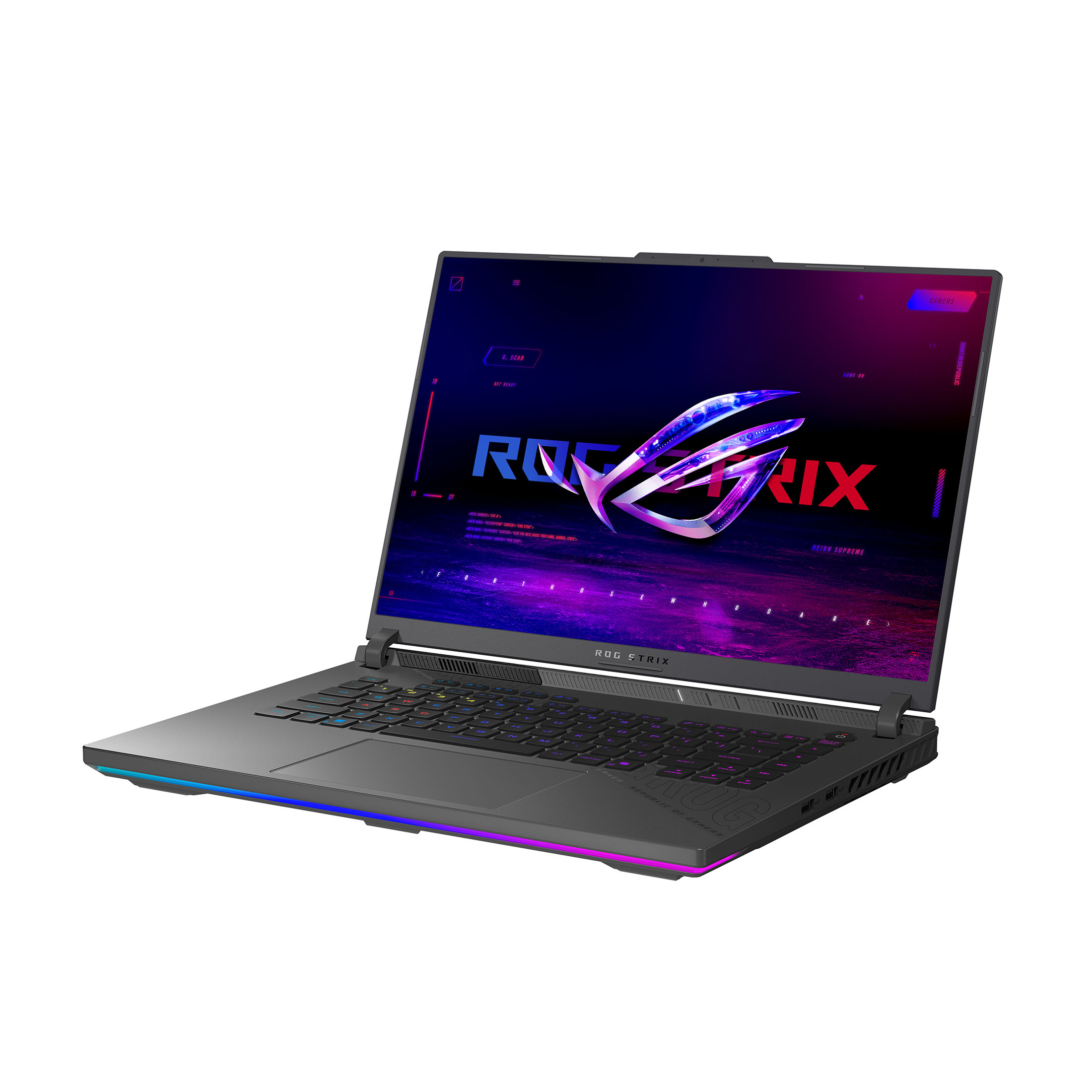 Ein dunkler Laptop mit beleuchteter Tastatur und RGB-Akzenten auf weißem Hintergrund.