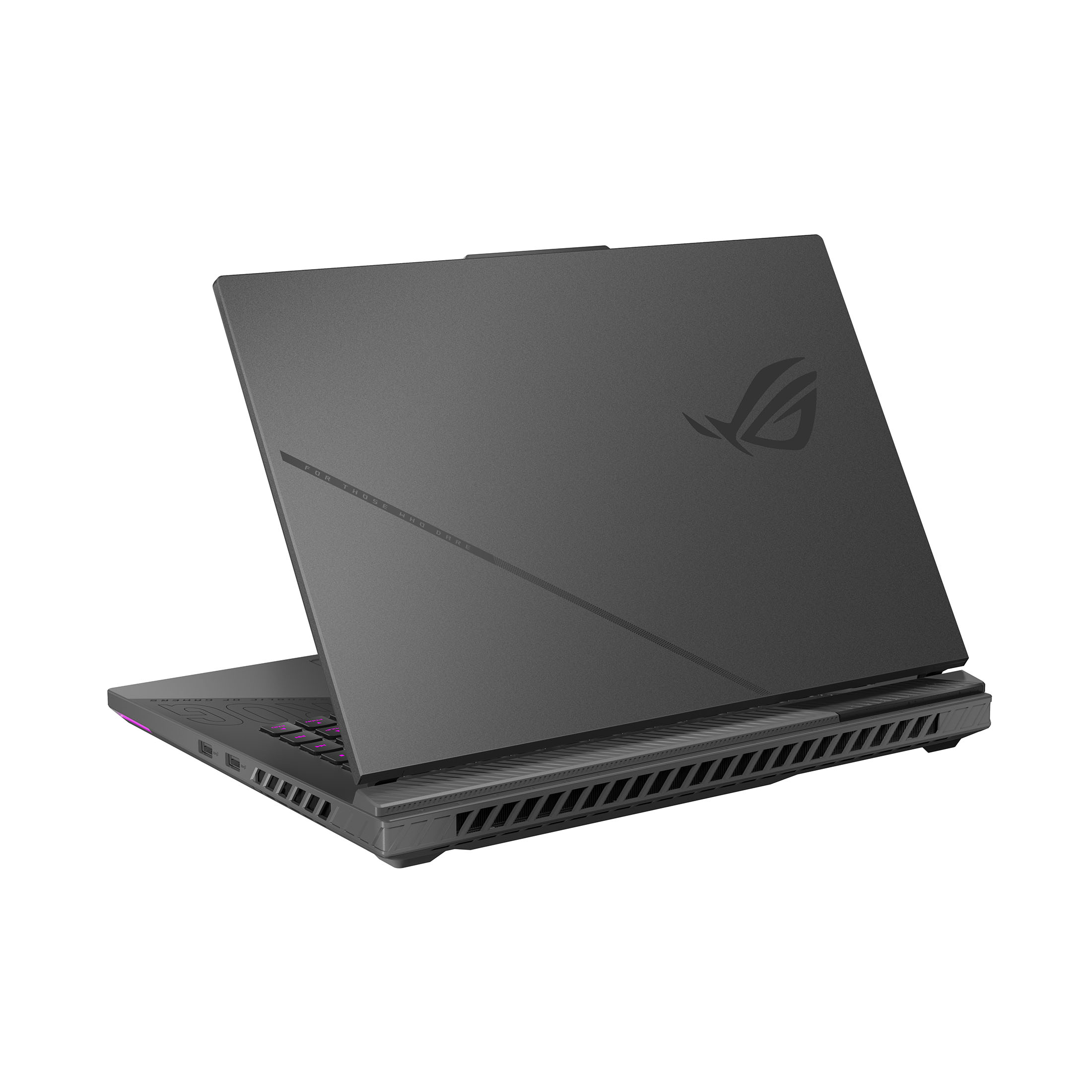 Ein geschlossener, dunkler Laptop mit einem ROG-Logo auf dem Deckel.