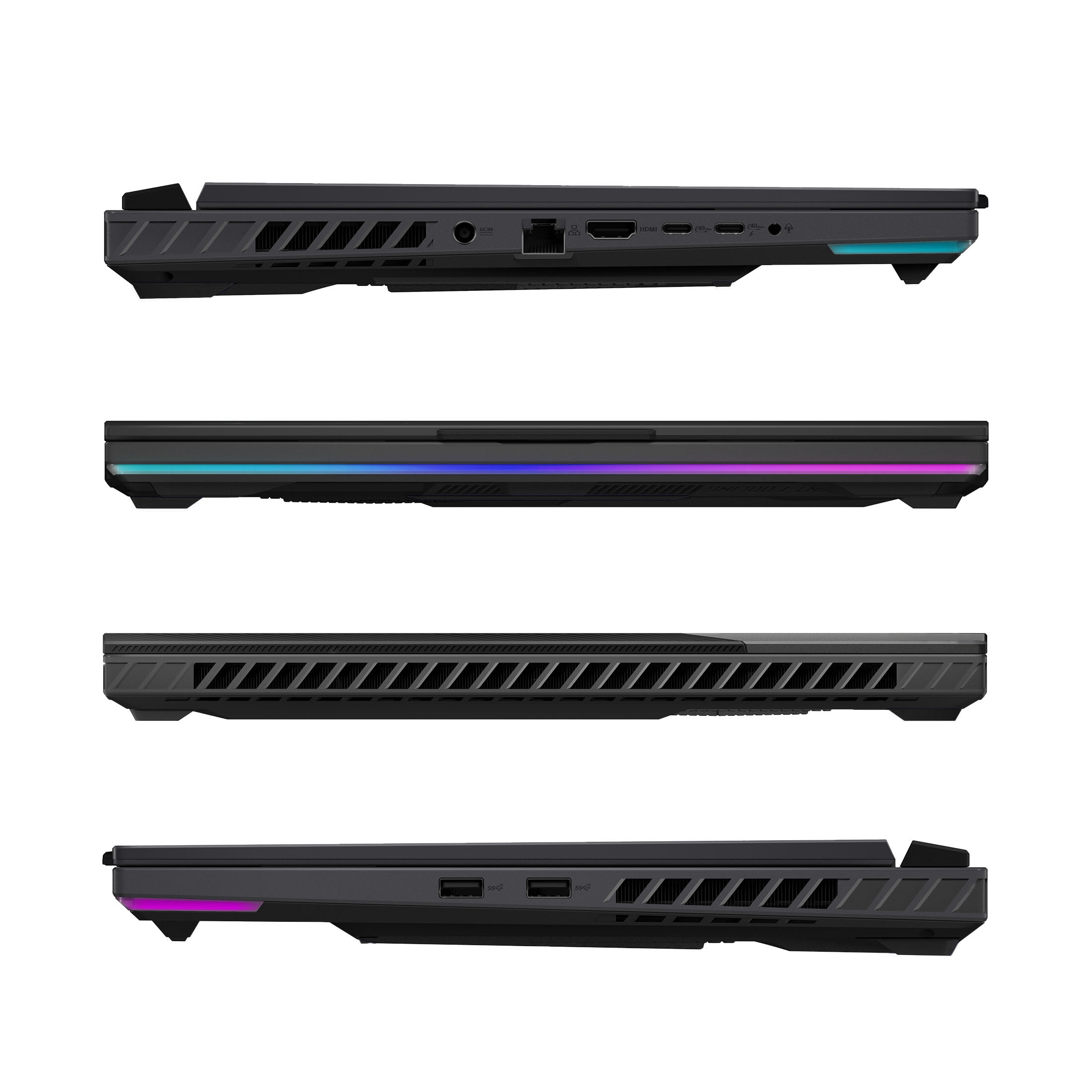 Vier Ansichten eines schwarzen Laptops mit RGB-Beleuchtung und Lüftungsschlitzen.