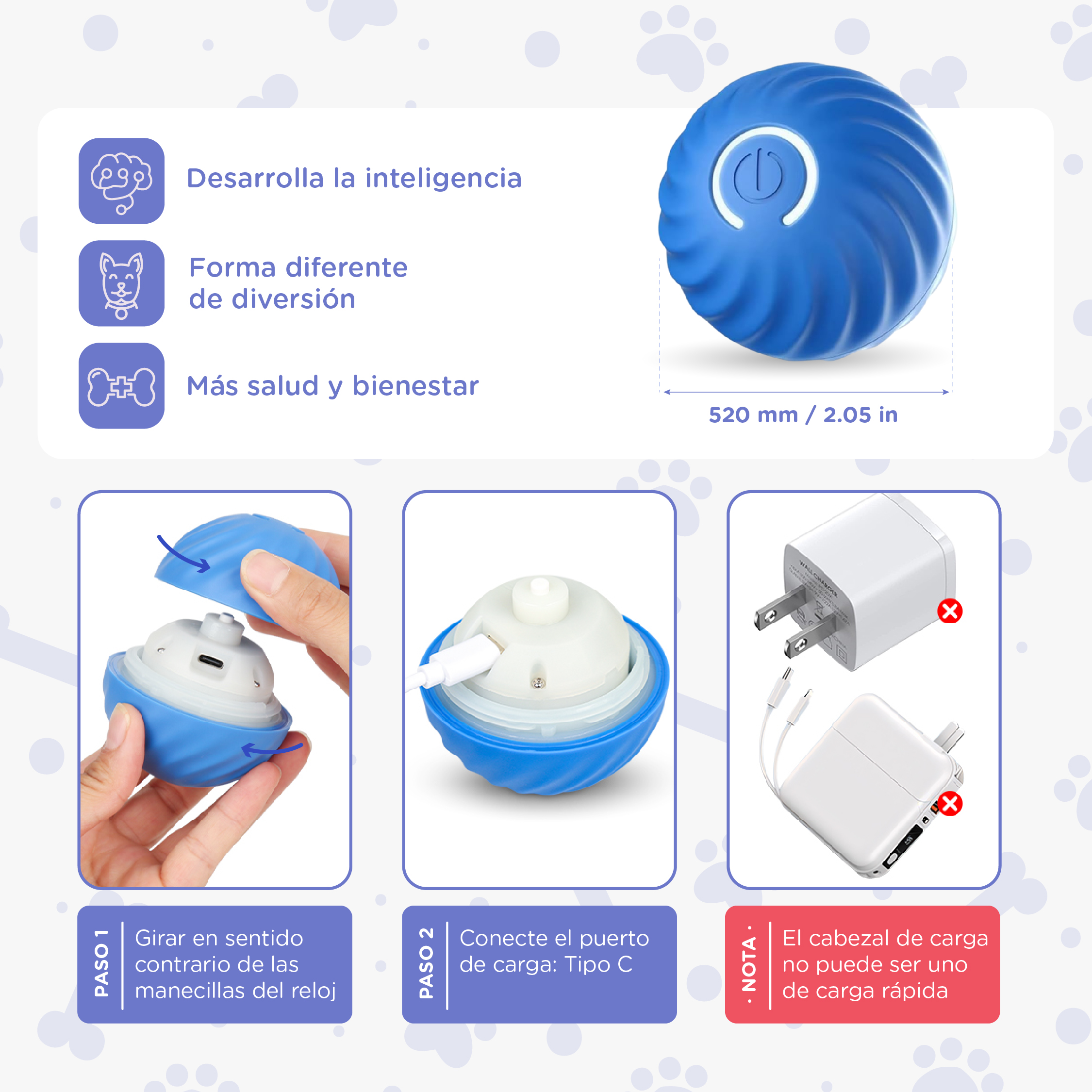 Una pelota de juguete azul en espiral para mascotas con instrucciones para abrirla y cargarla.