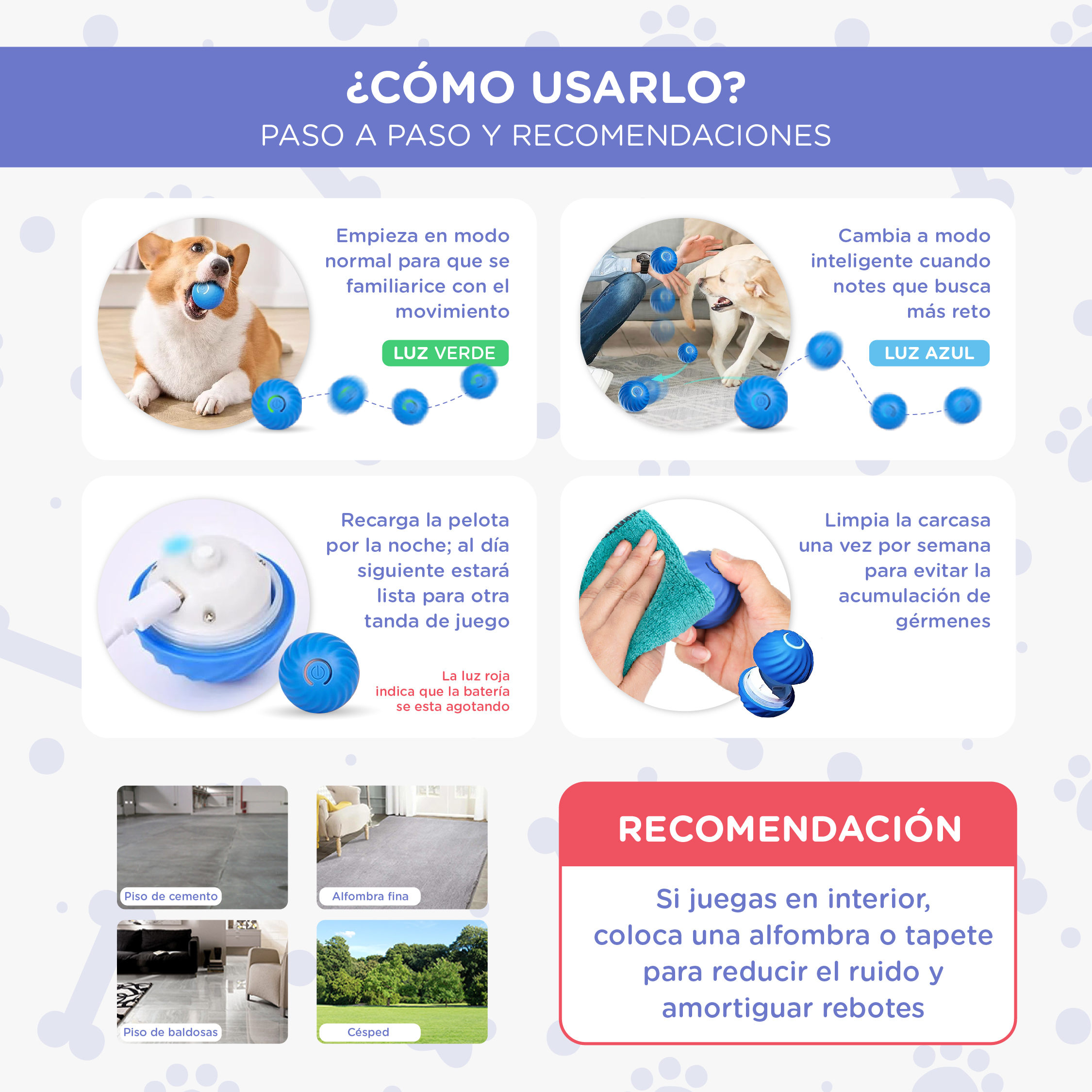 Guía para usar un juguete para perros con diferentes modos y consejos.