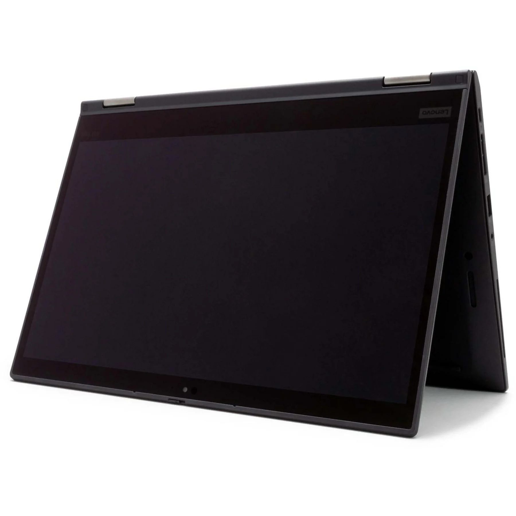 Ein schwarzer Lenovo Laptop im Zeltmodus auf weißem Hintergrund.