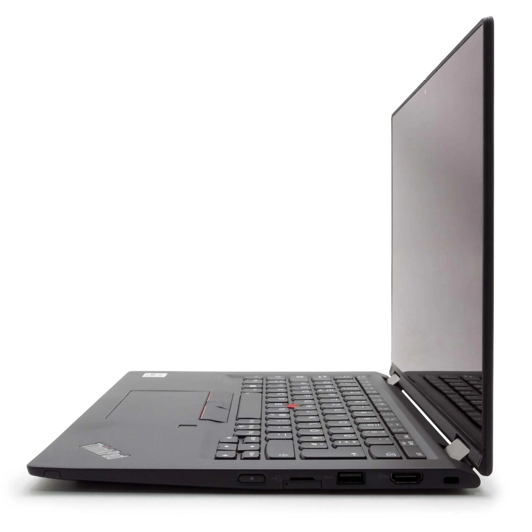 Ein schwarzer Laptop mit Tastatur und Bildschirm ist seitlich abgebildet.