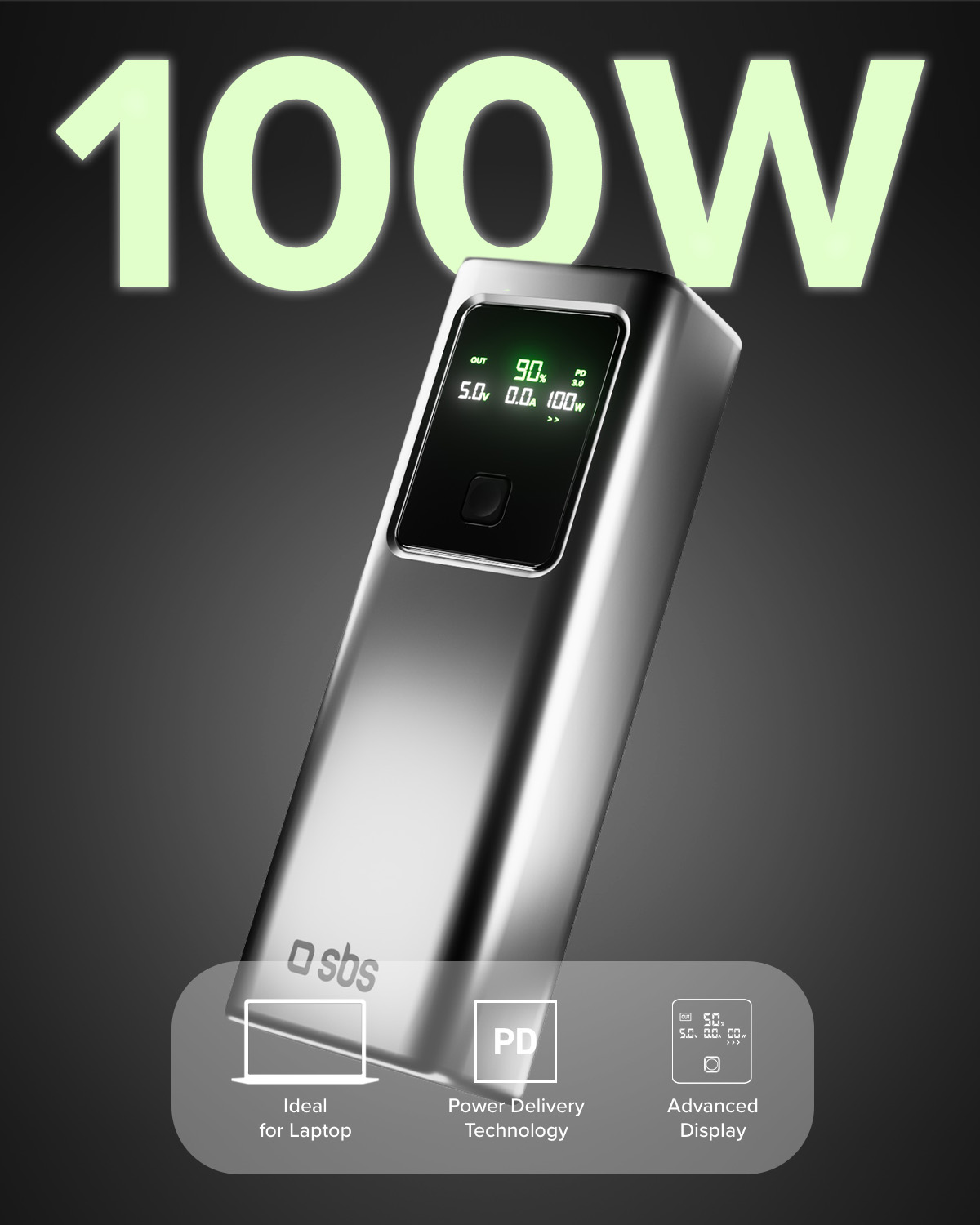 Srebrna ładowarka 100W z cyfrowym wyświetlaczem pokazującym 90%.