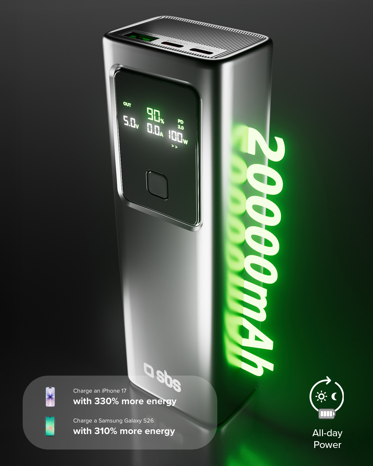 Srebrny powerbank 20000mAh z cyfrowym wyświetlaczem i informacjami o ładowaniu.