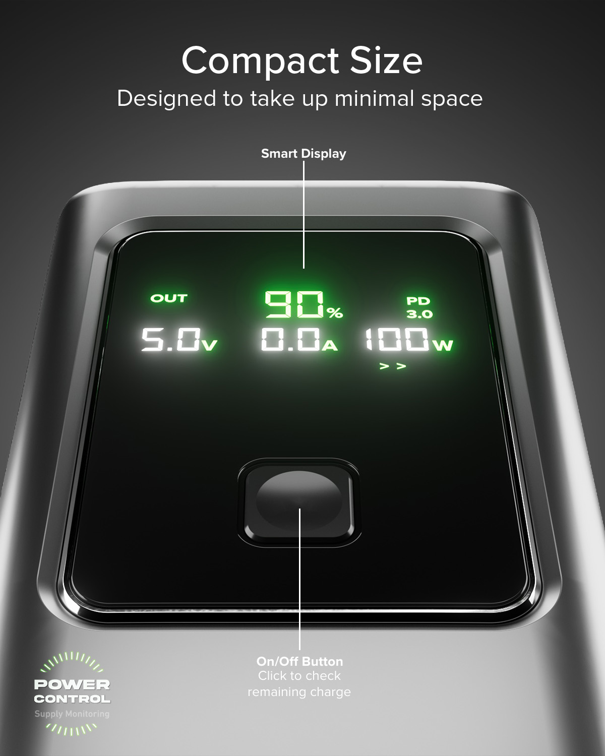 Zbliżenie na wyświetlacz power banku: 90% naładowania, 5.0V, 0.0A, 100W PD.