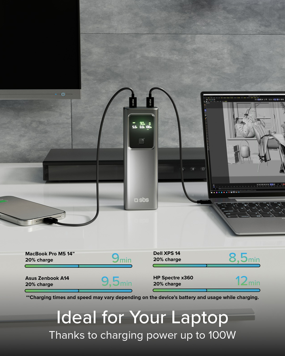 Srebrna ładowarka łączy MacBooka i laptopa. Wyświetlane są czasy ładowania.