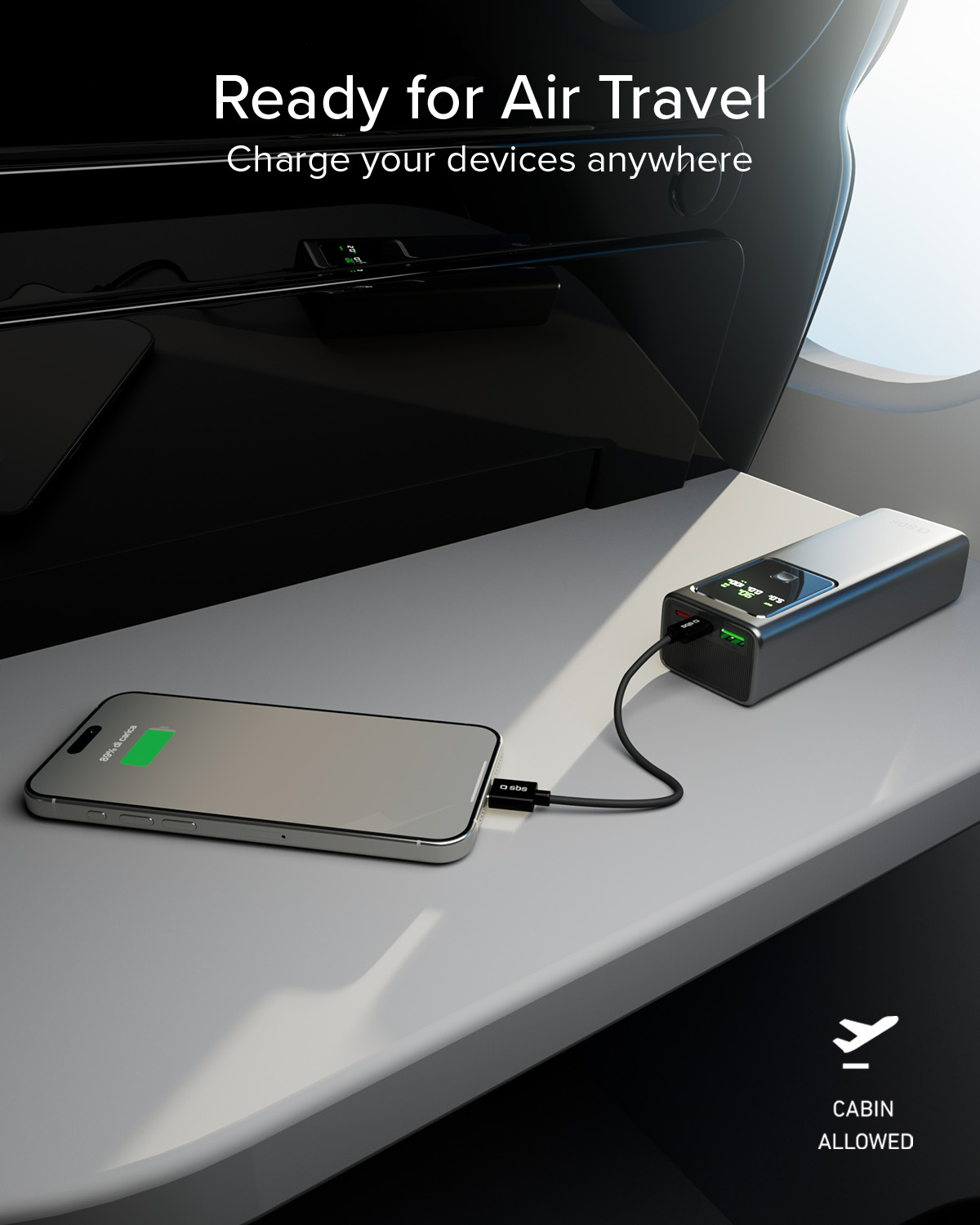 Telefon i power bank ładują się w kabinie samolotu.