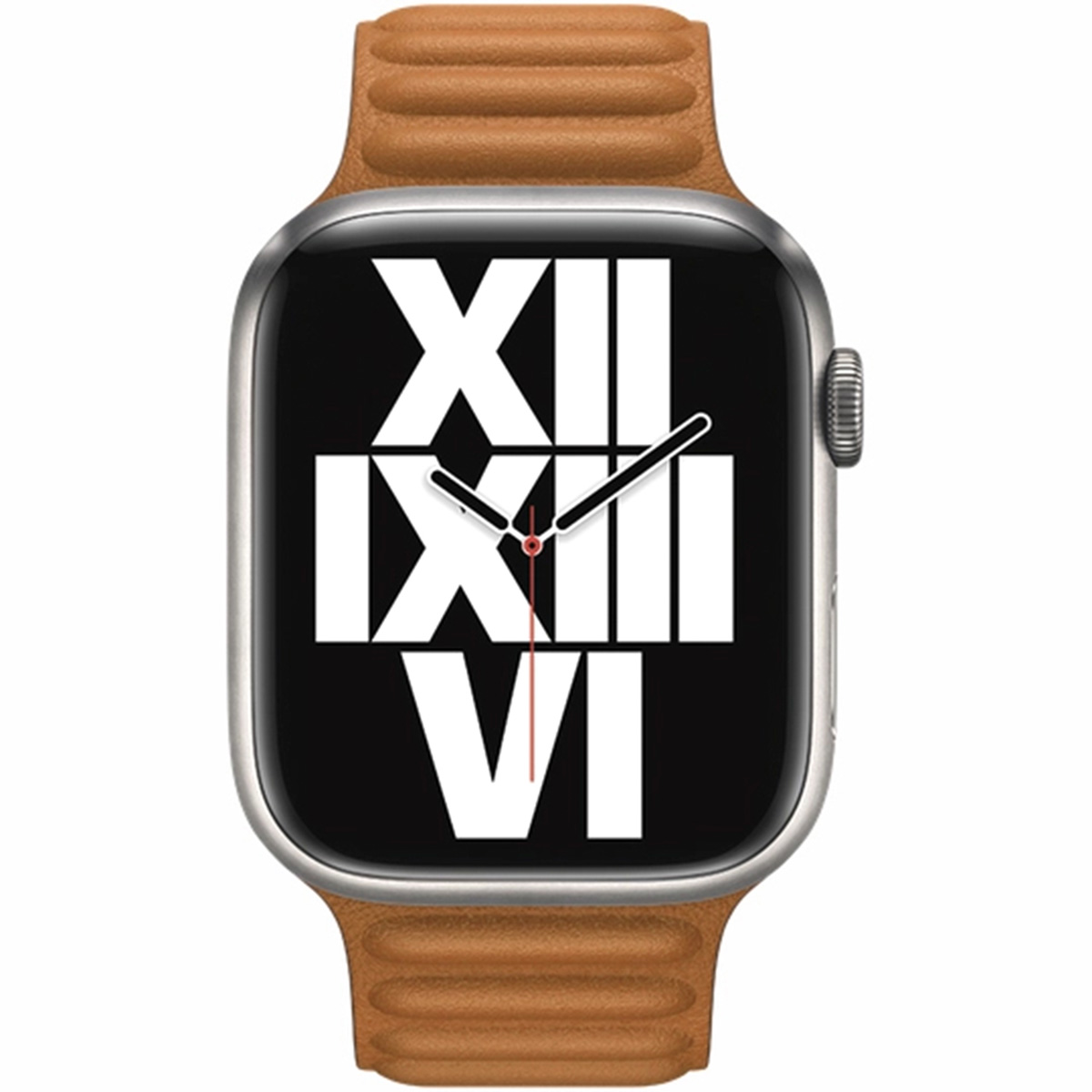 A brown watch with a black face showing white Roman numerals and silver casing.