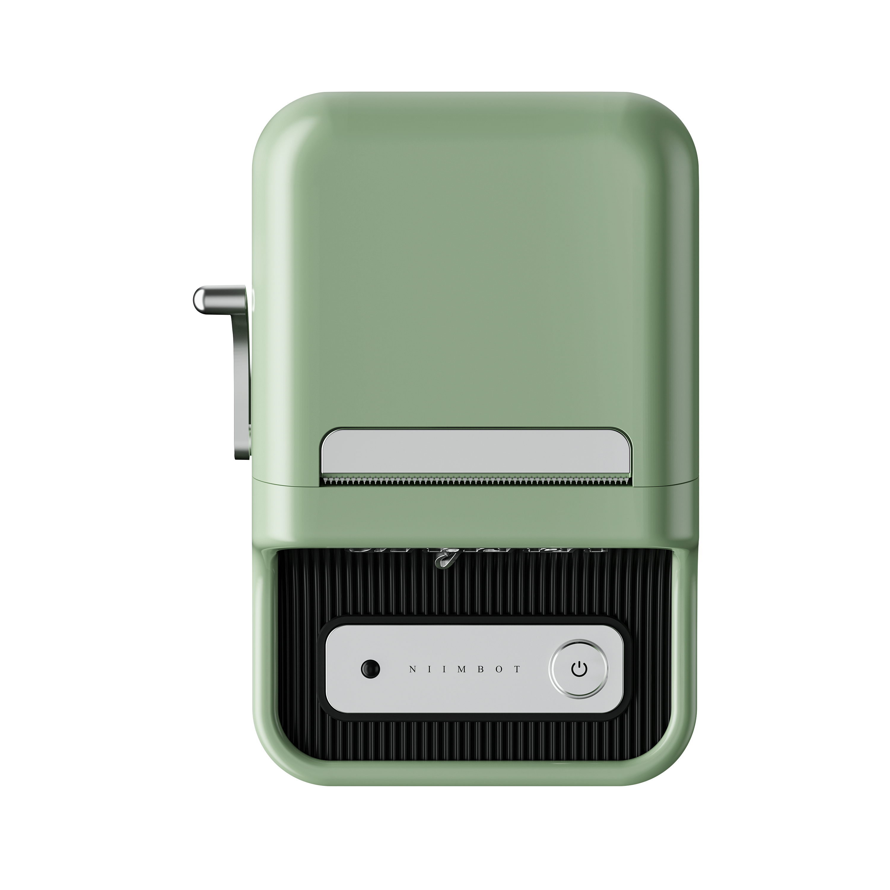 Zielona drukarka etykiet z czarną kratką i srebrnym przyciskiem.