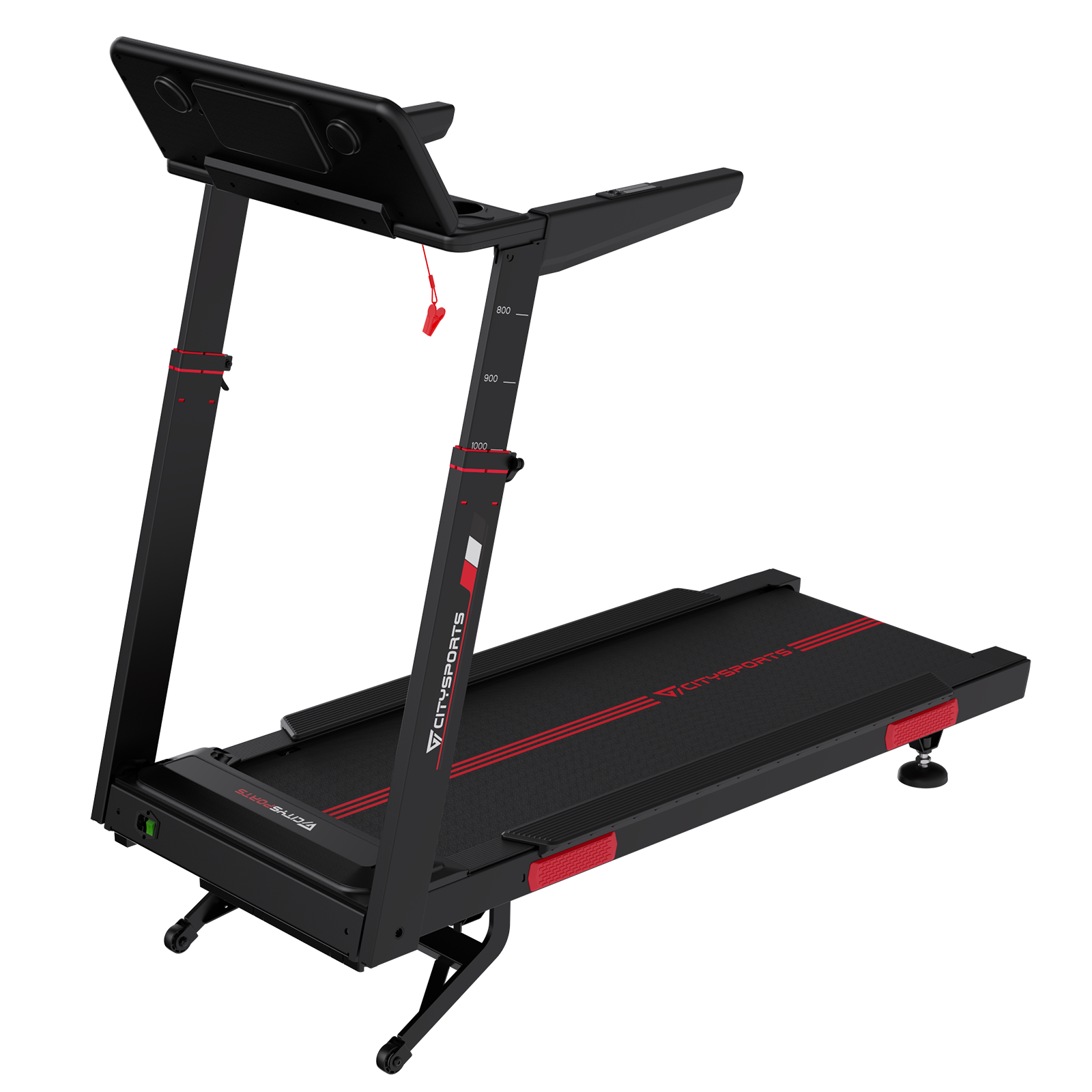Black treadmill with red accents and branding.