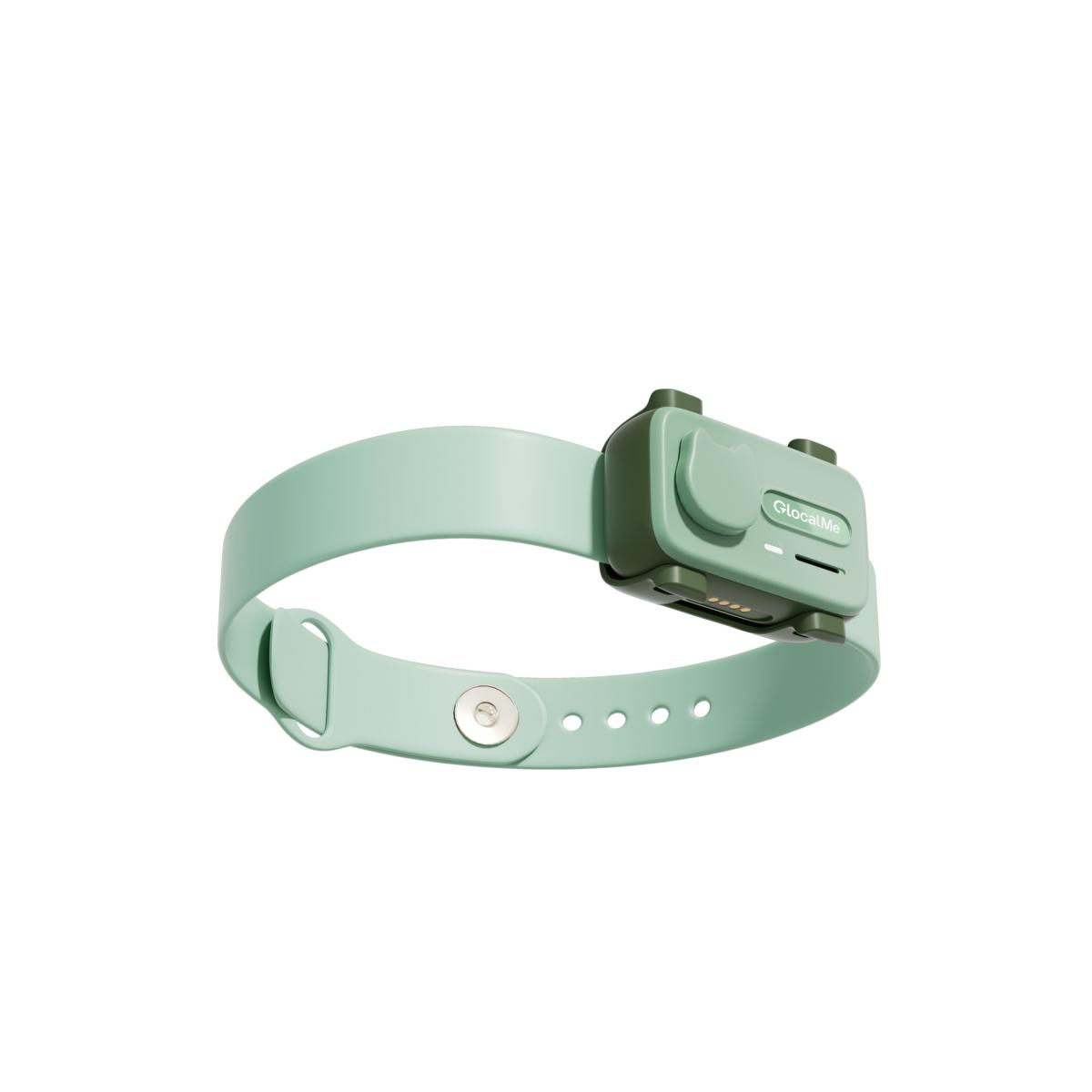 Ein mintgrünes Armband mit einem dunklen grünen Gehäuse und "GlocalMe"-Logo.