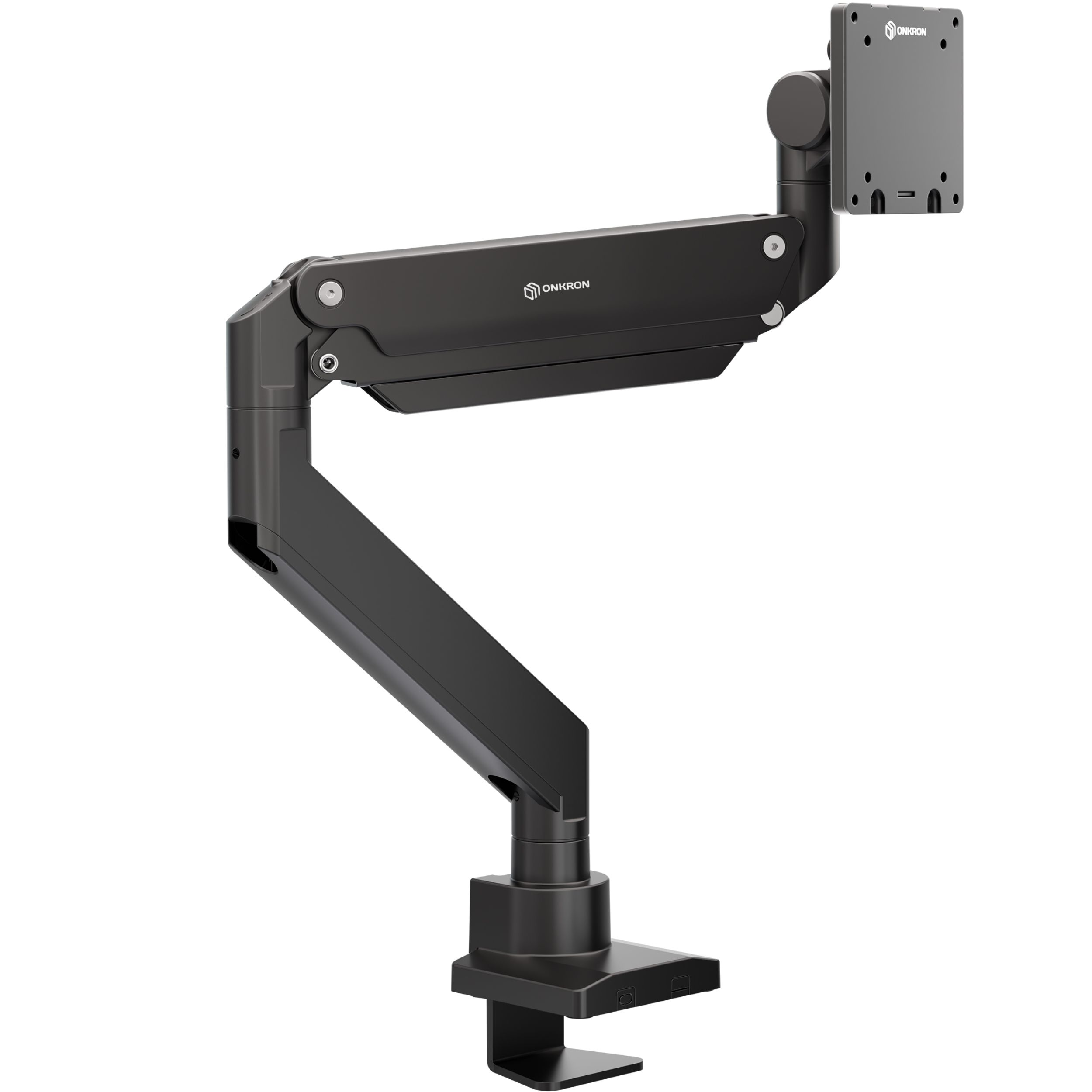 Czarny uchwyt monitora z podstawą zaciskową i płytą VESA.