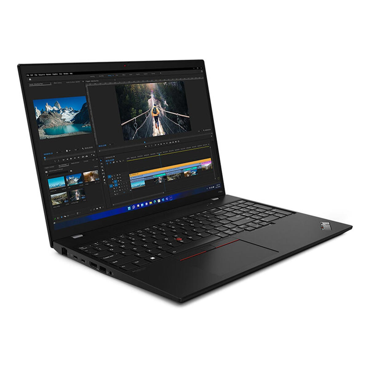 Czarny laptop z otwartym ekranem, wyświetlający oprogramowanie do edycji wideo.