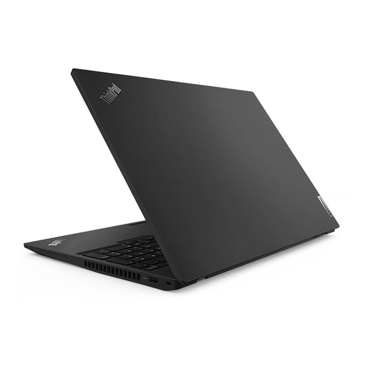 Zamknięty, czarny laptop z logo ThinkPad na pokrywie.
