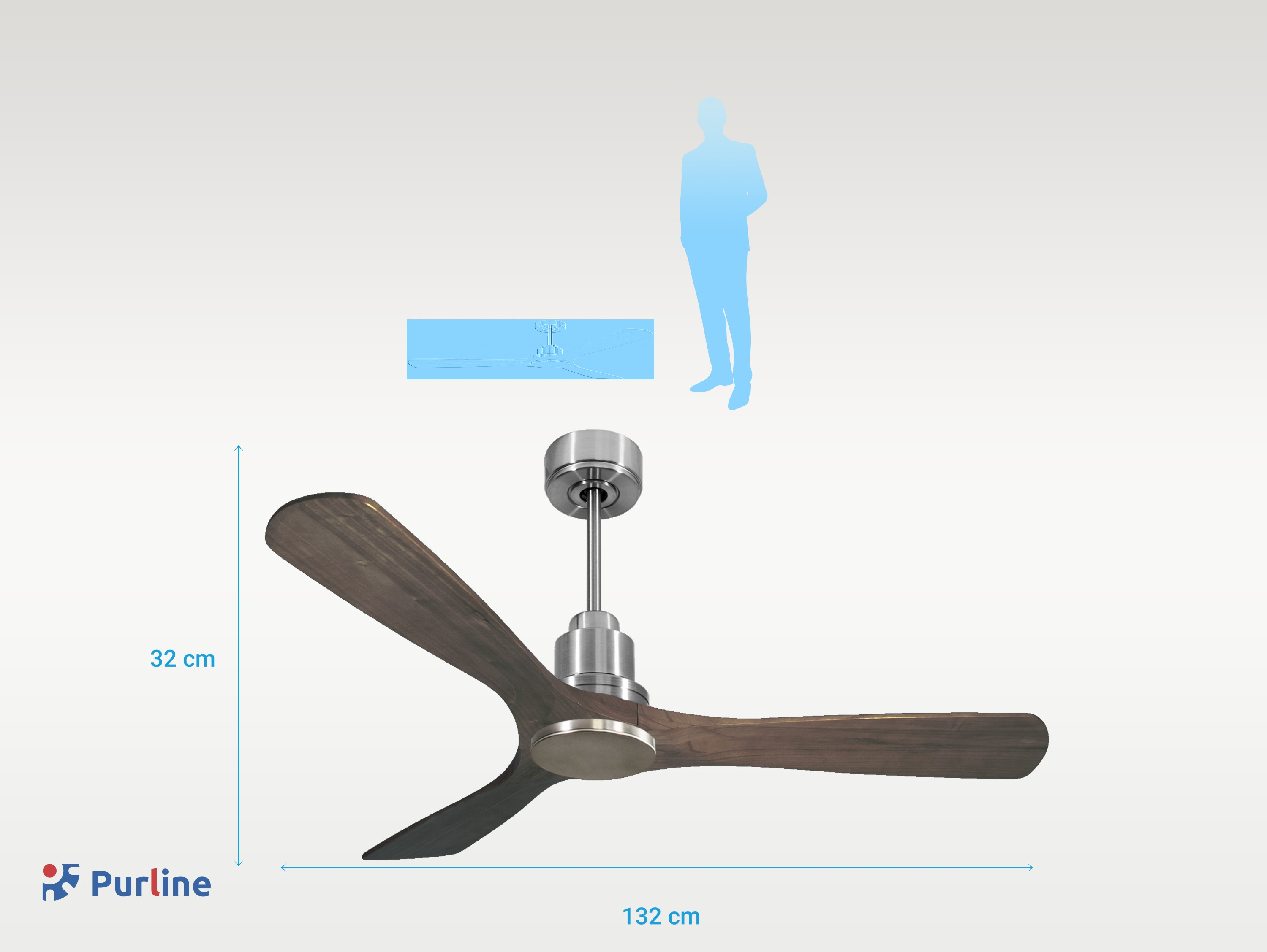 Ventilador de techo con aspas de madera, 132 cm diámetro, 32 cm altura.