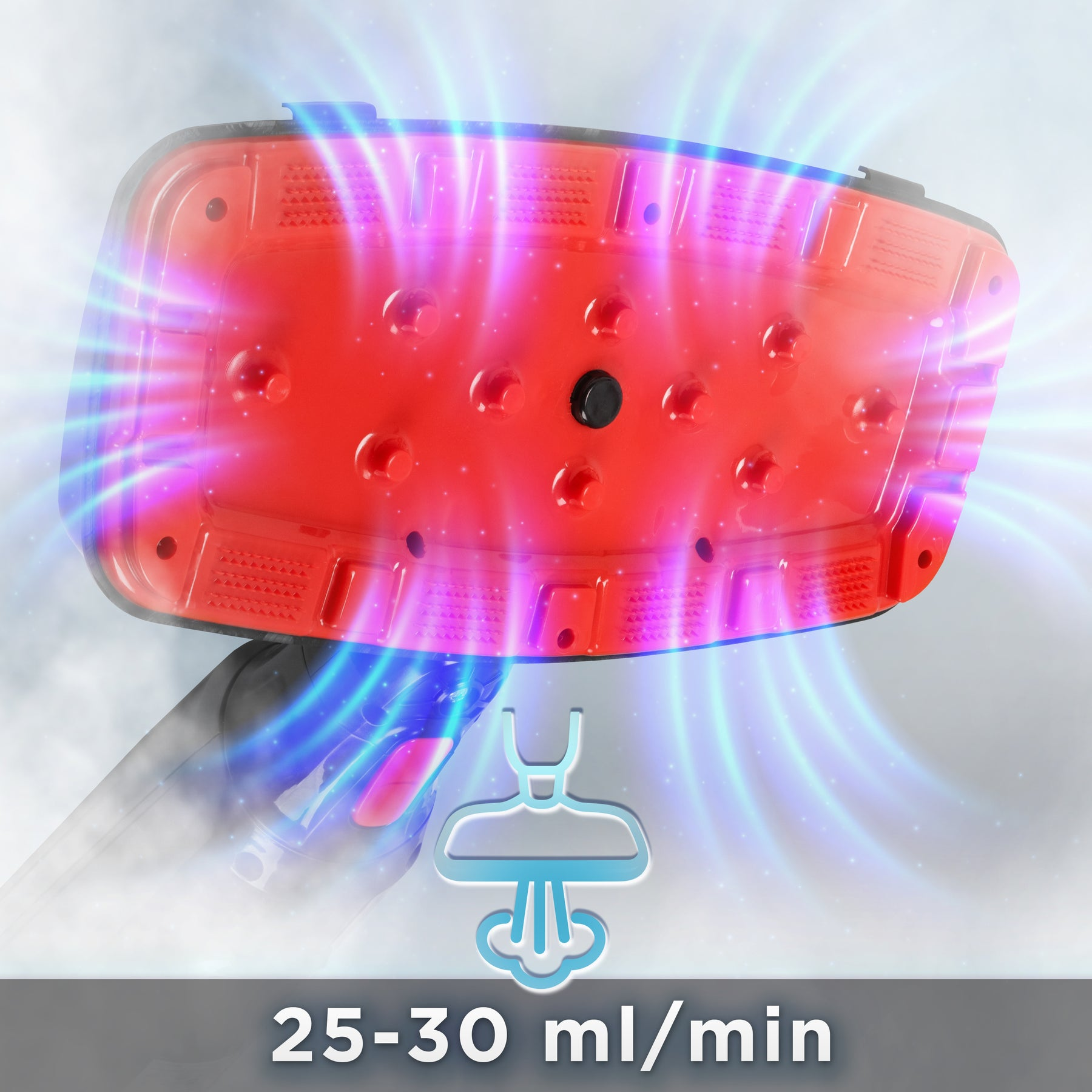 Rote Dampfbügeleinheit mit blauen Dampfwellen und Aufdruck 25-30 ml/min.