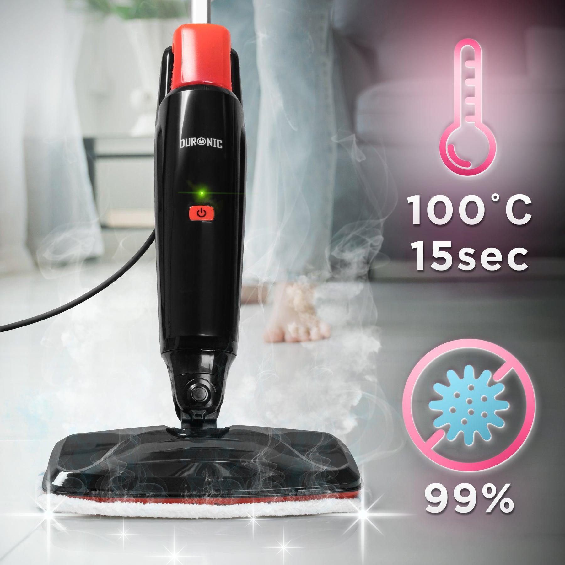 Schwarzer Dampfreiniger mit rotem Griff sprüht Dampf. 100°C, 15 Sek.