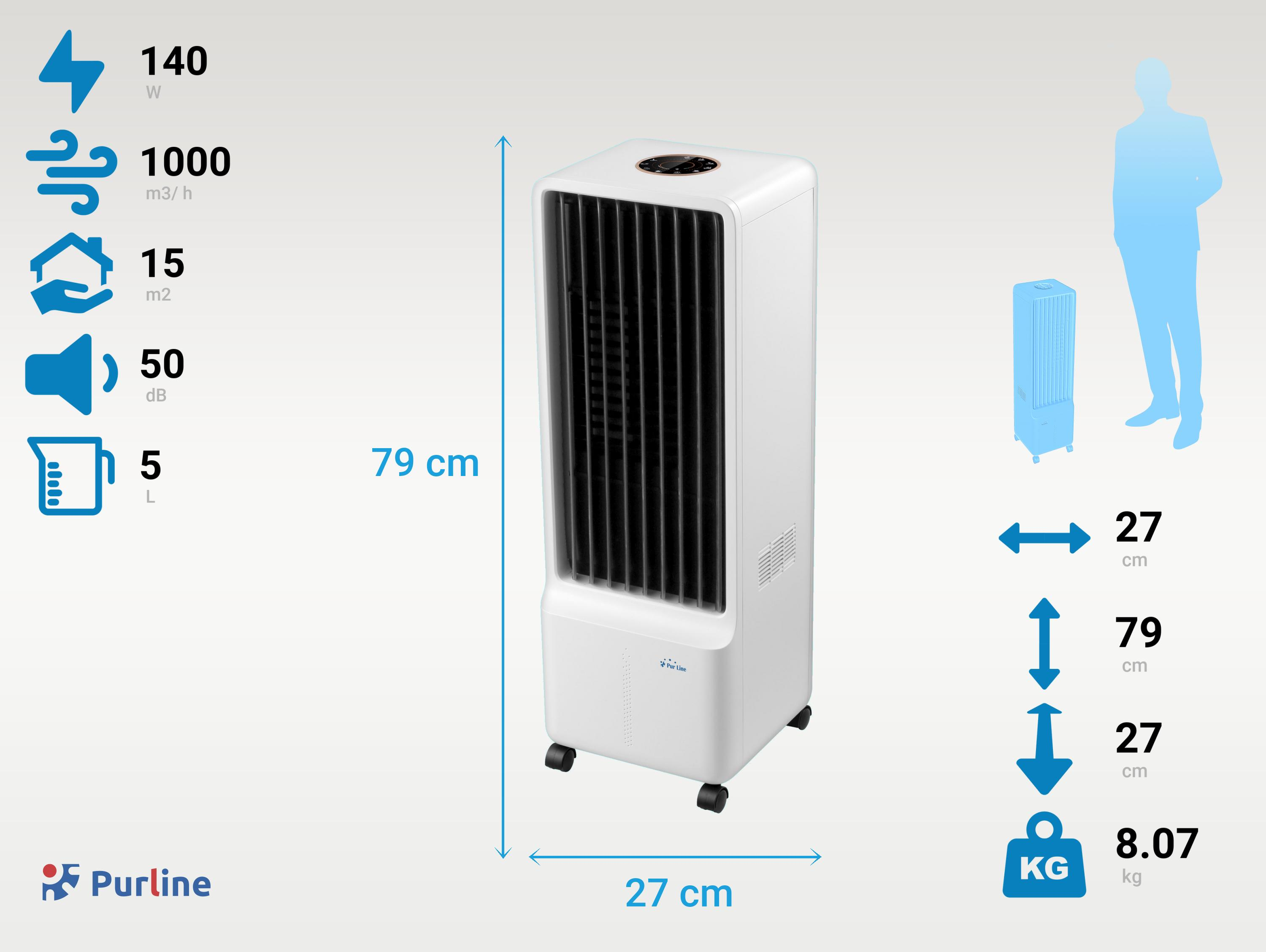 Un refrigeratore d'aria bianco è alto 79 cm, largo 27 cm e pesa 8,07 kg.