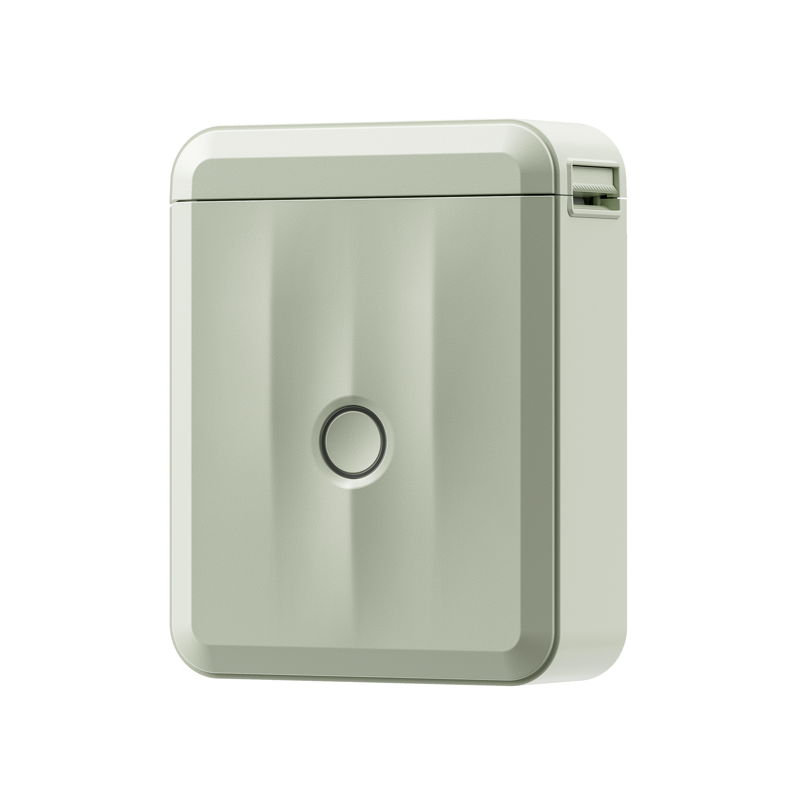 Jasnozielone, prostokątne urządzenie z zaokrąglonymi rogami i kółkiem pośrodku.