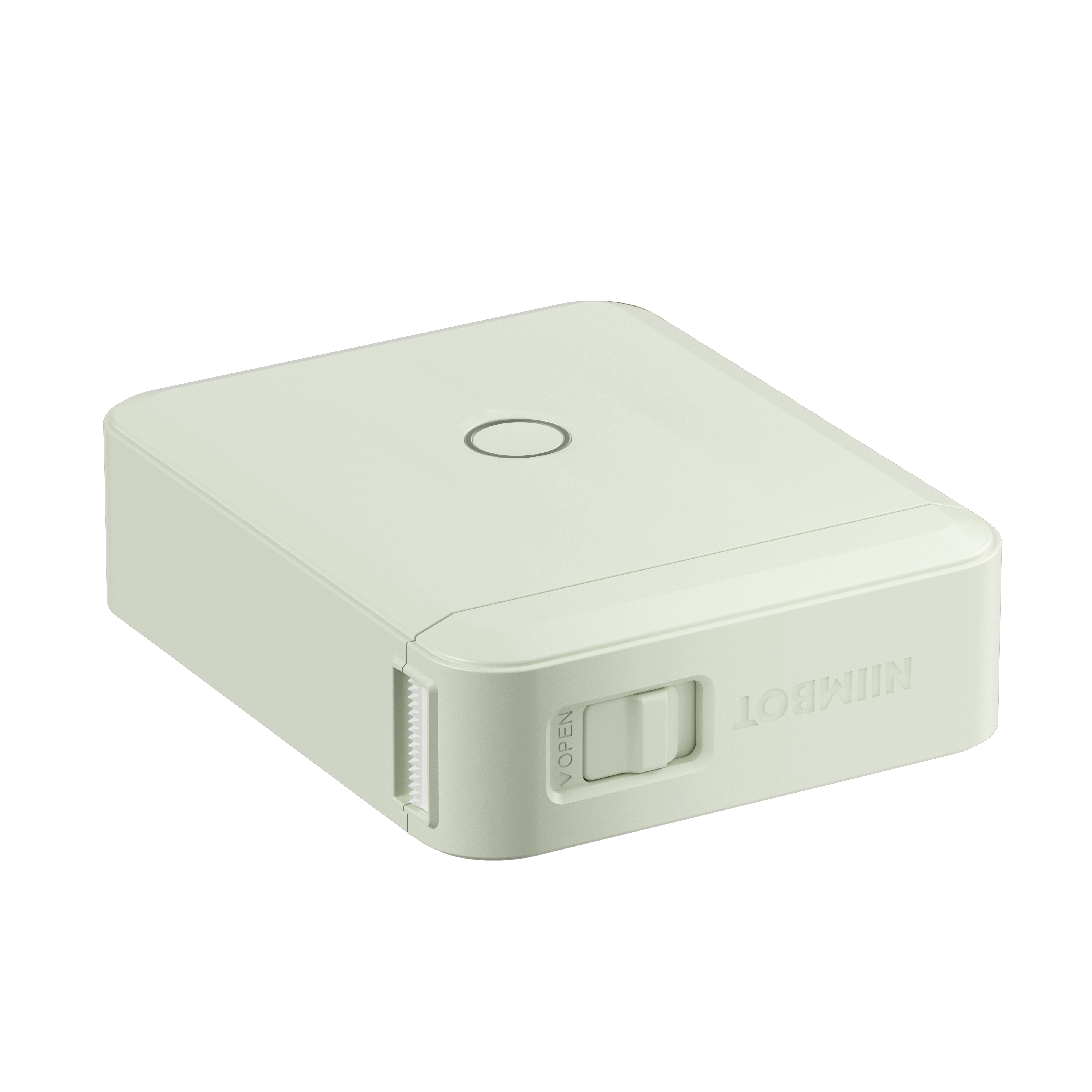 Jasnozielona drukarka etykiet z ząbkowaną krawędzią.