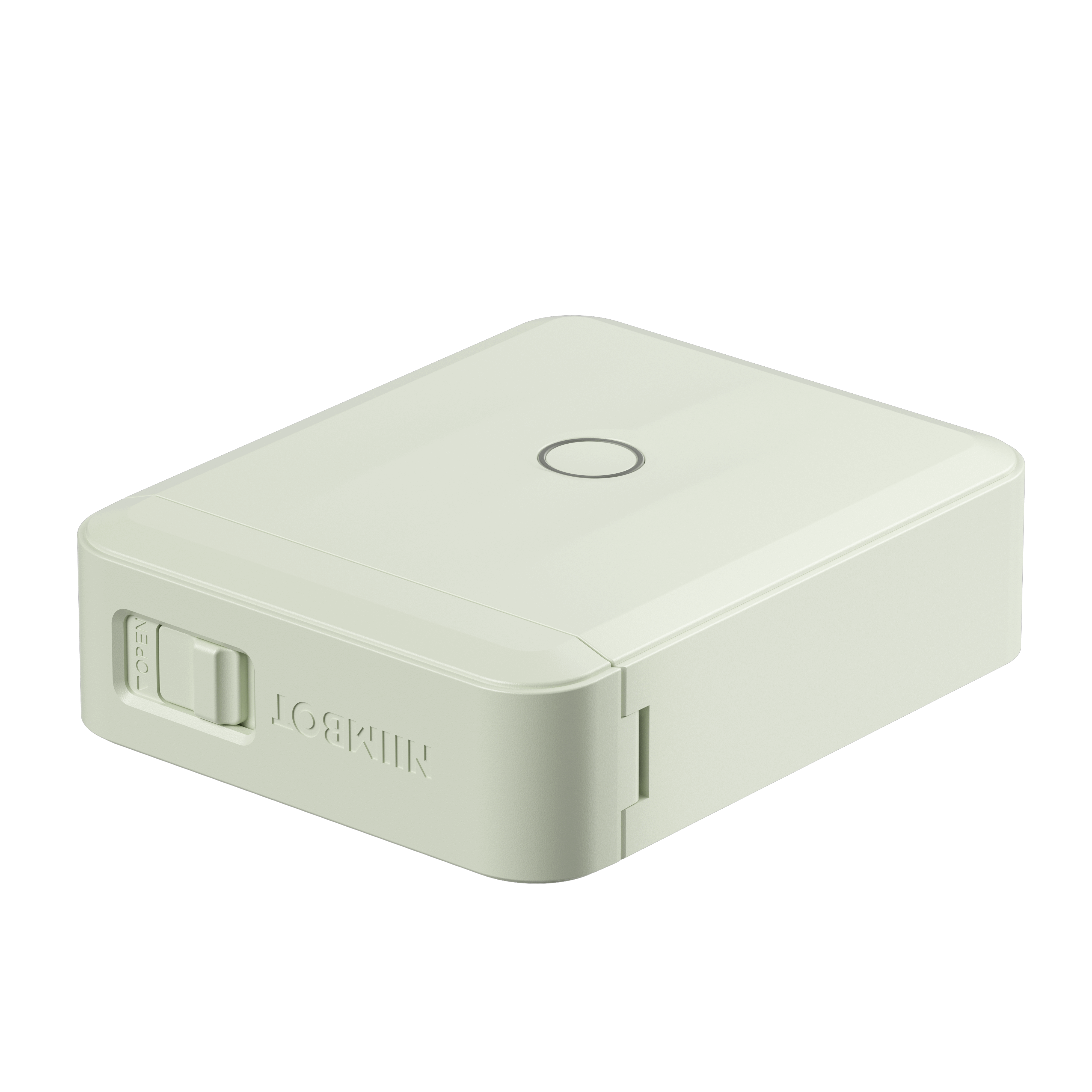 Jasnozielone, prostokątne urządzenie z kółkiem na górze i włącznikiem z boku.