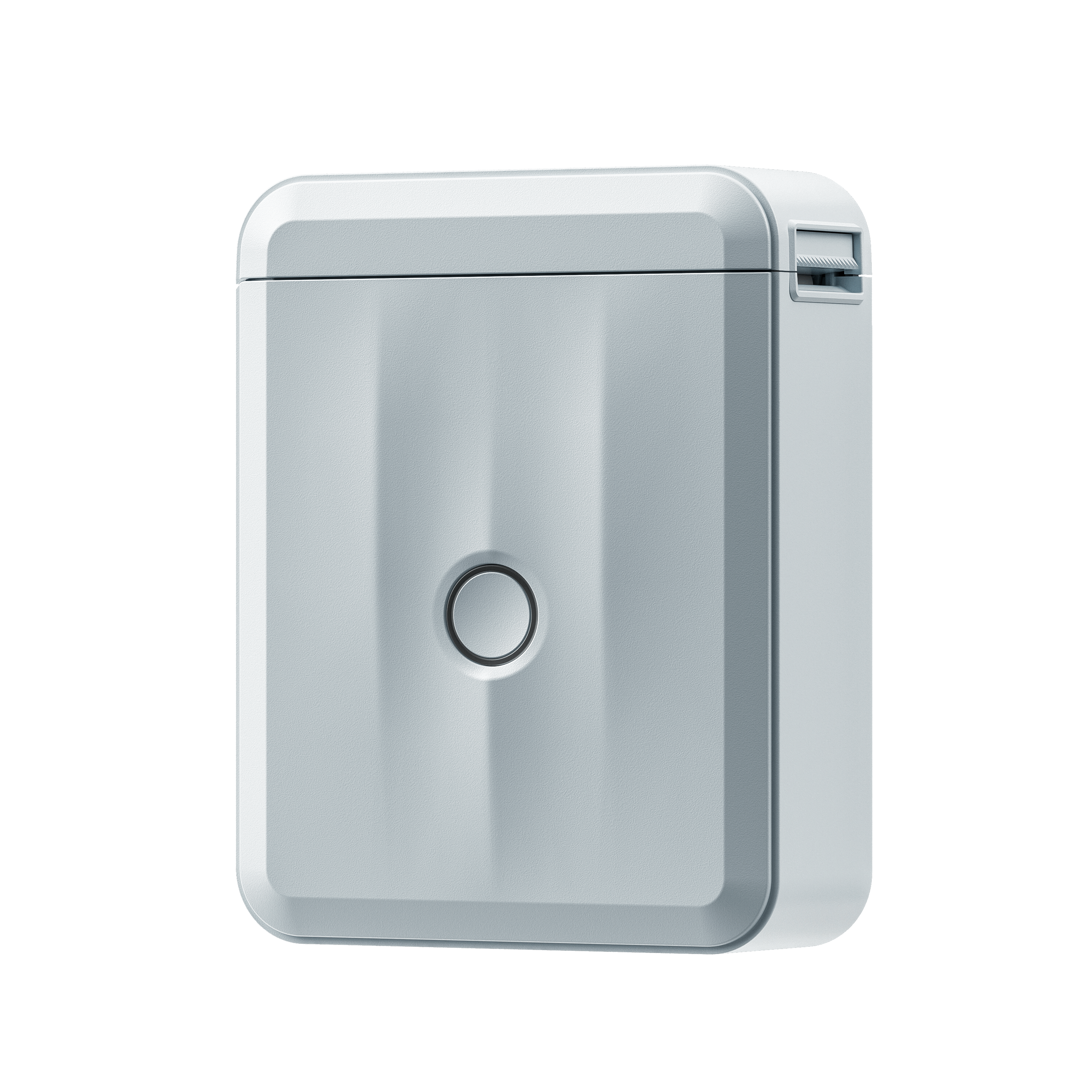 Jasnoszare, prostokątne urządzenie z zaokrąglonymi rogami i ciemnym przyciskiem.