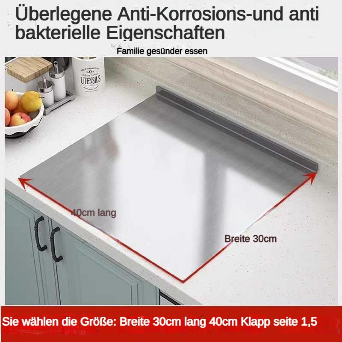 Edelstahlplatte 40cm lang, 30cm breit auf Arbeitsplatte neben Obst.