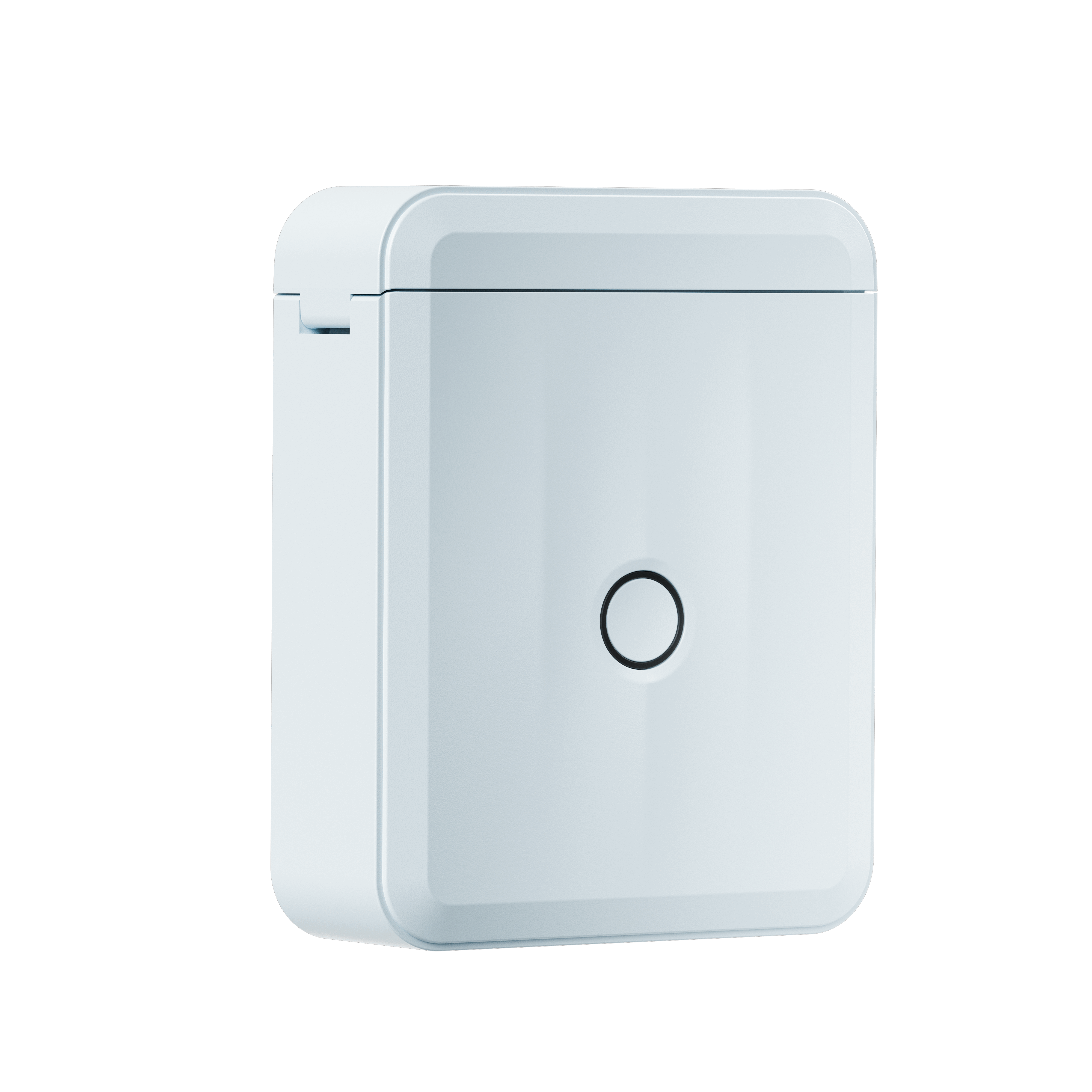 Białe, prostokątne urządzenie z zaokrąglonymi rogami i czarnym okręgiem pośrodku.