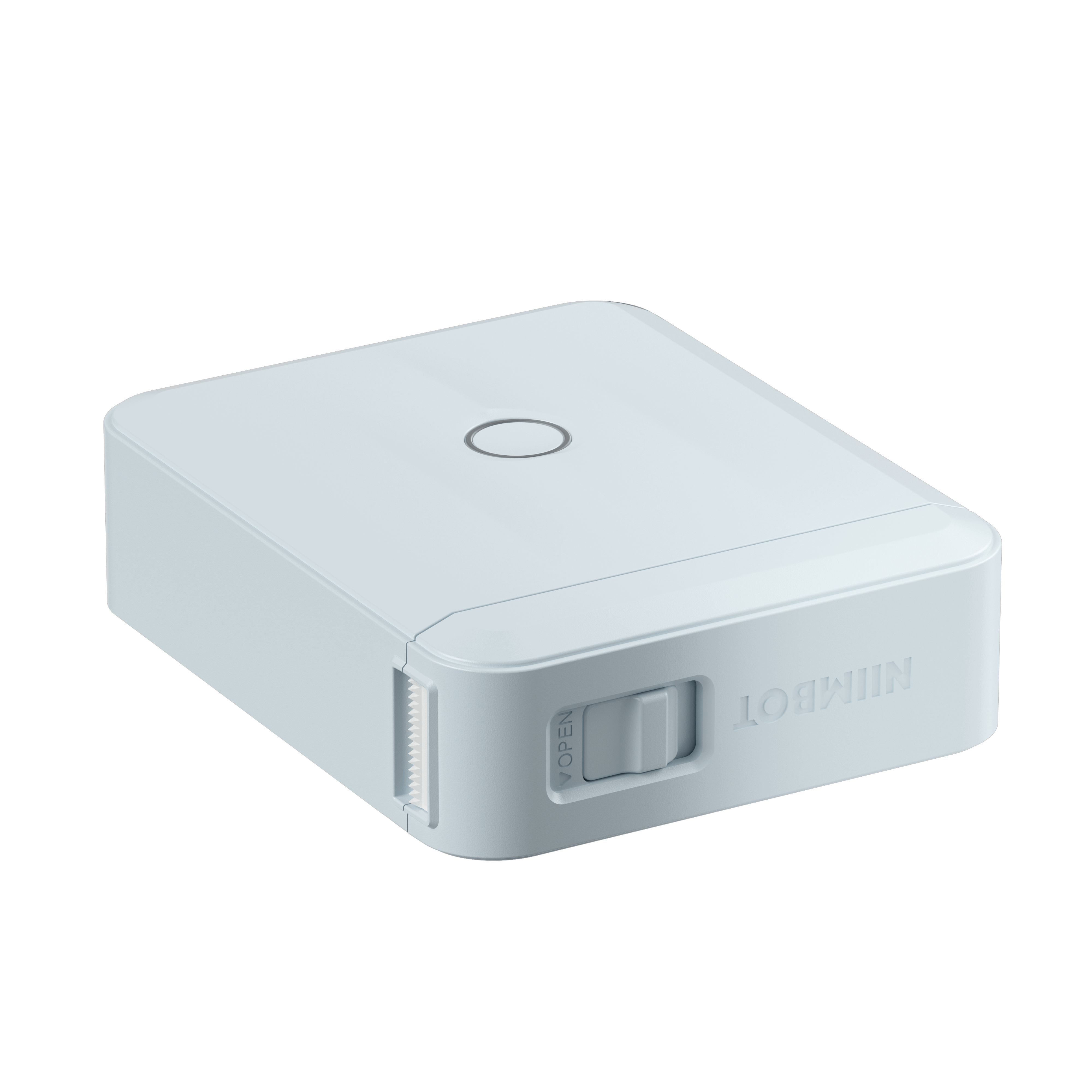 Jasnoniebieska drukarka etykiet z przyciskiem 'Open' i marką 'Niimbot'.