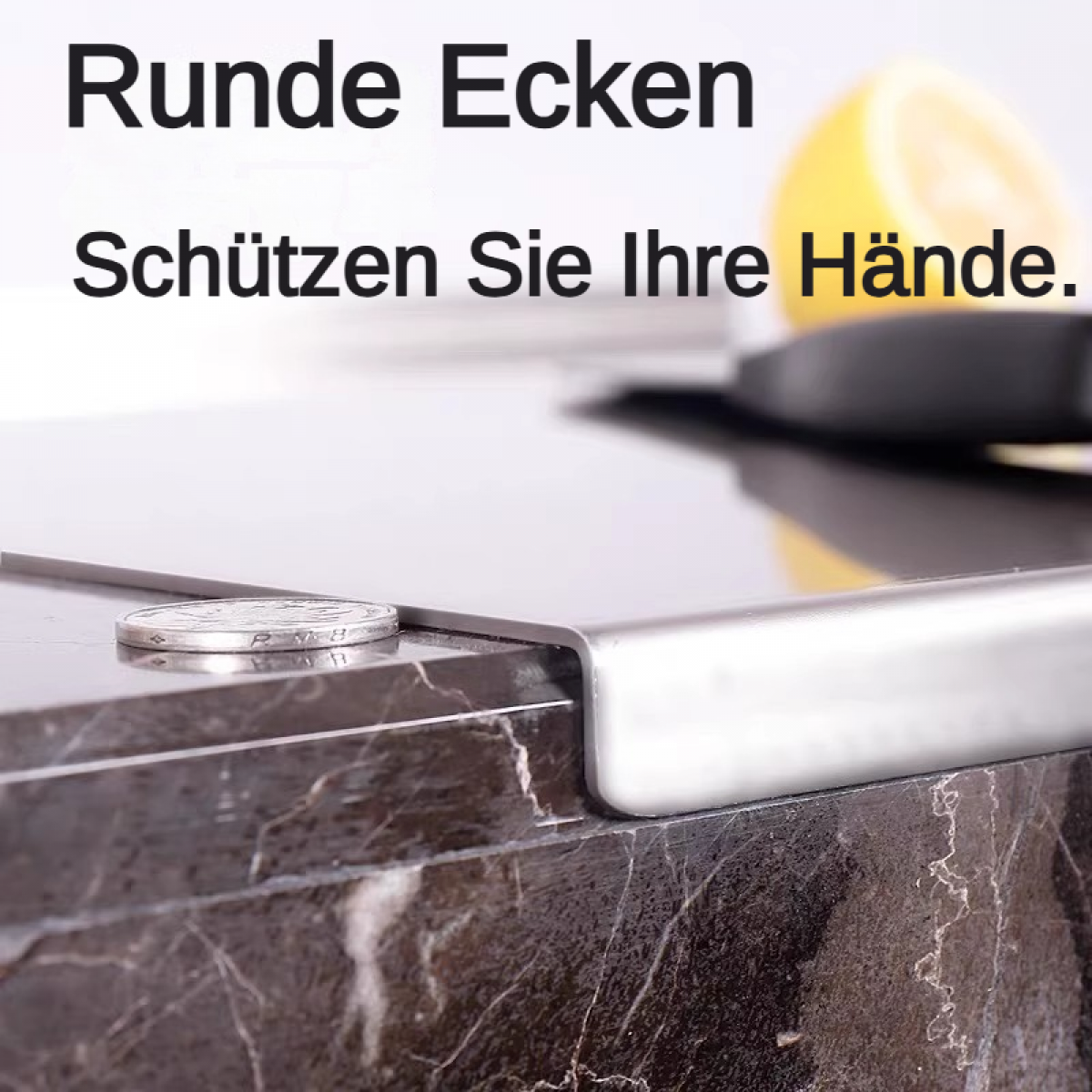 Runde Ecken schützen Ihre Hände. Münze auf Marmor.