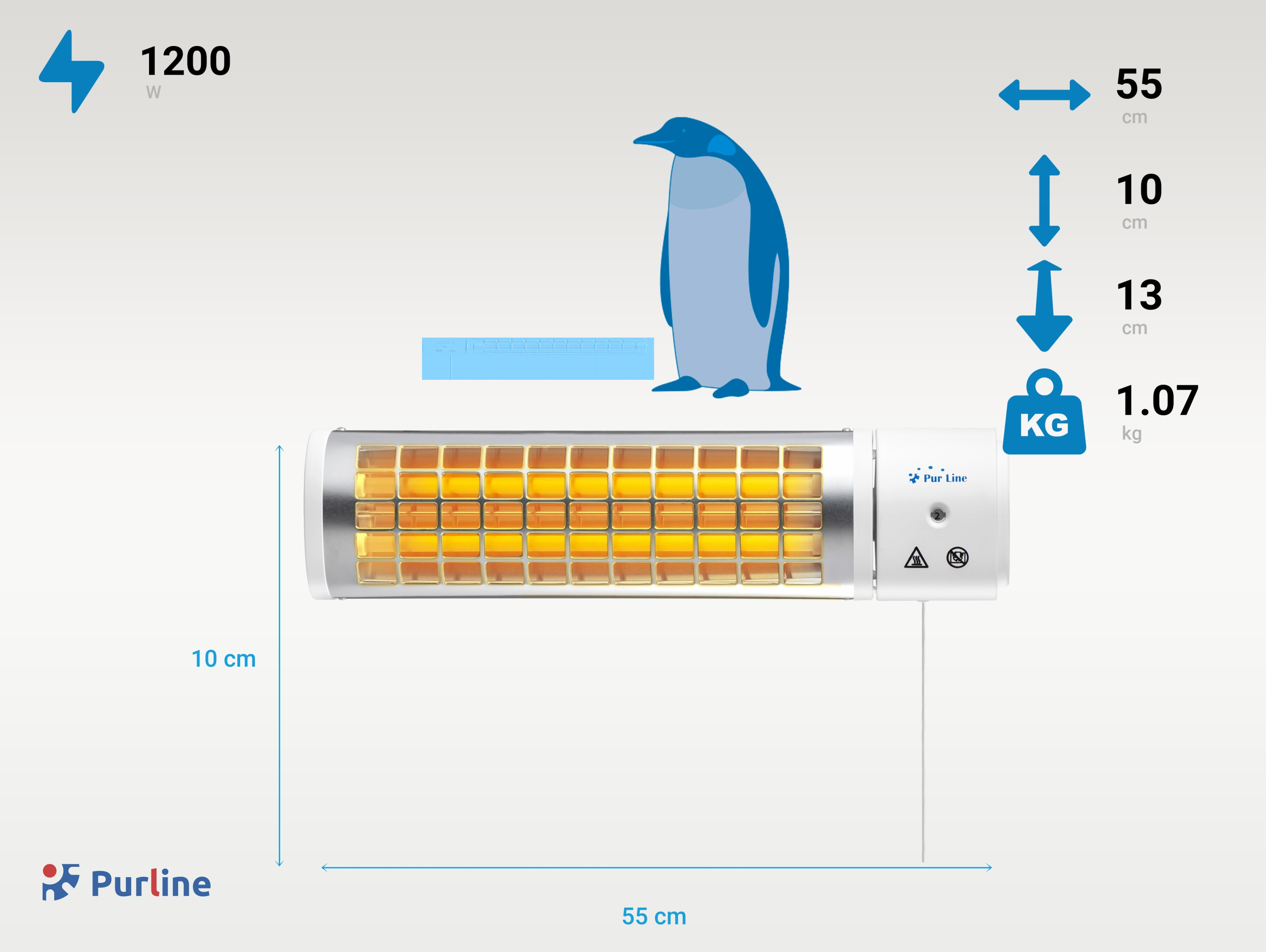 Ein Heizstrahler mit 1200W, 55cm breit, 10cm hoch, 13cm tief, 1.07kg.