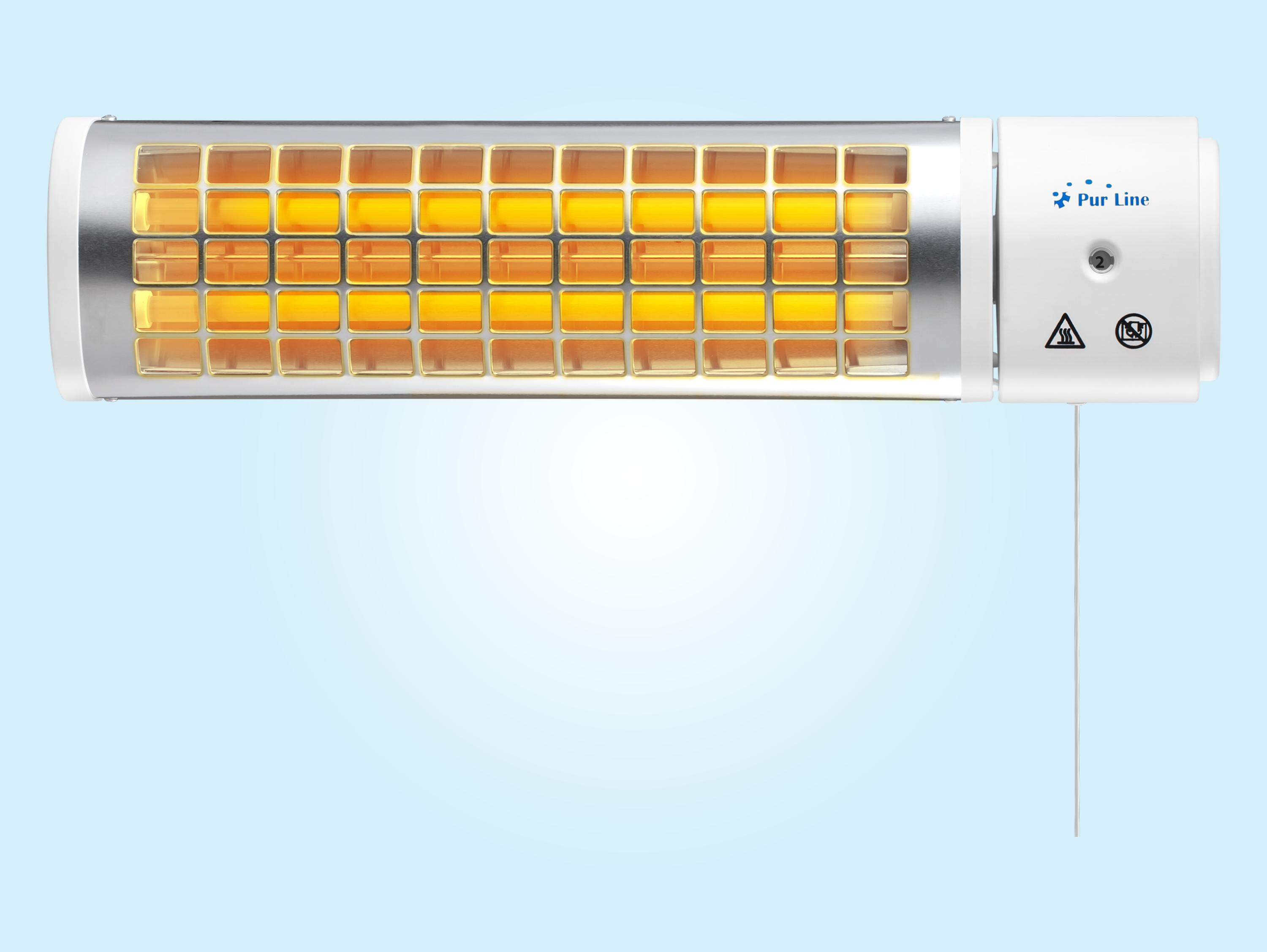 Ein an der Wand montierter Heizstrahler mit silbernem Gehäuse und leuchtenden orangefarbenen Elementen.