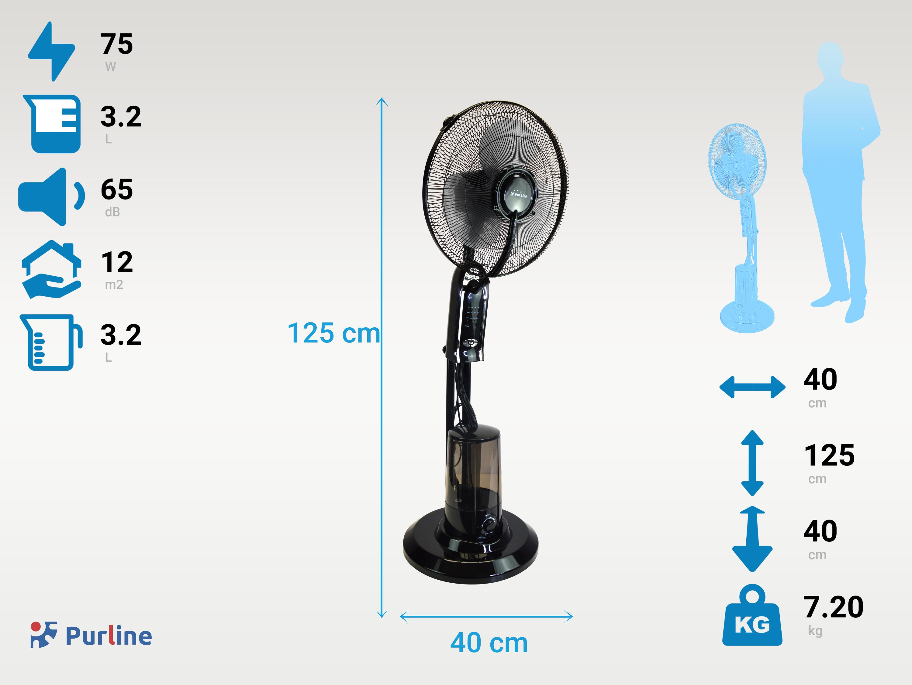 Ein schwarzer Standventilator mit Wassertank, 125 cm hoch, 40 cm breit.
