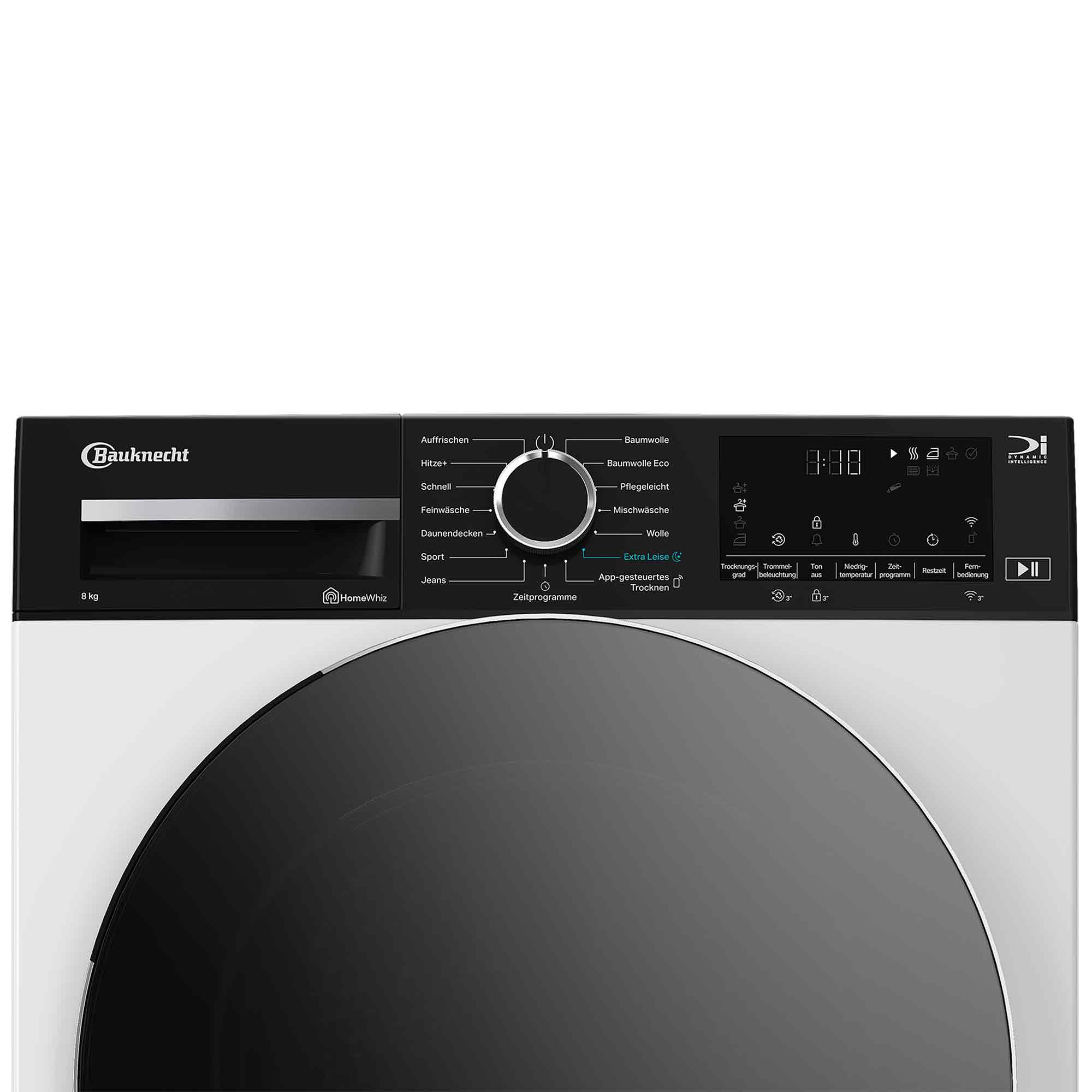 Bauknecht Waschmaschine mit digitalem Display und Programmauswahl. Schwarze Bedienblende.