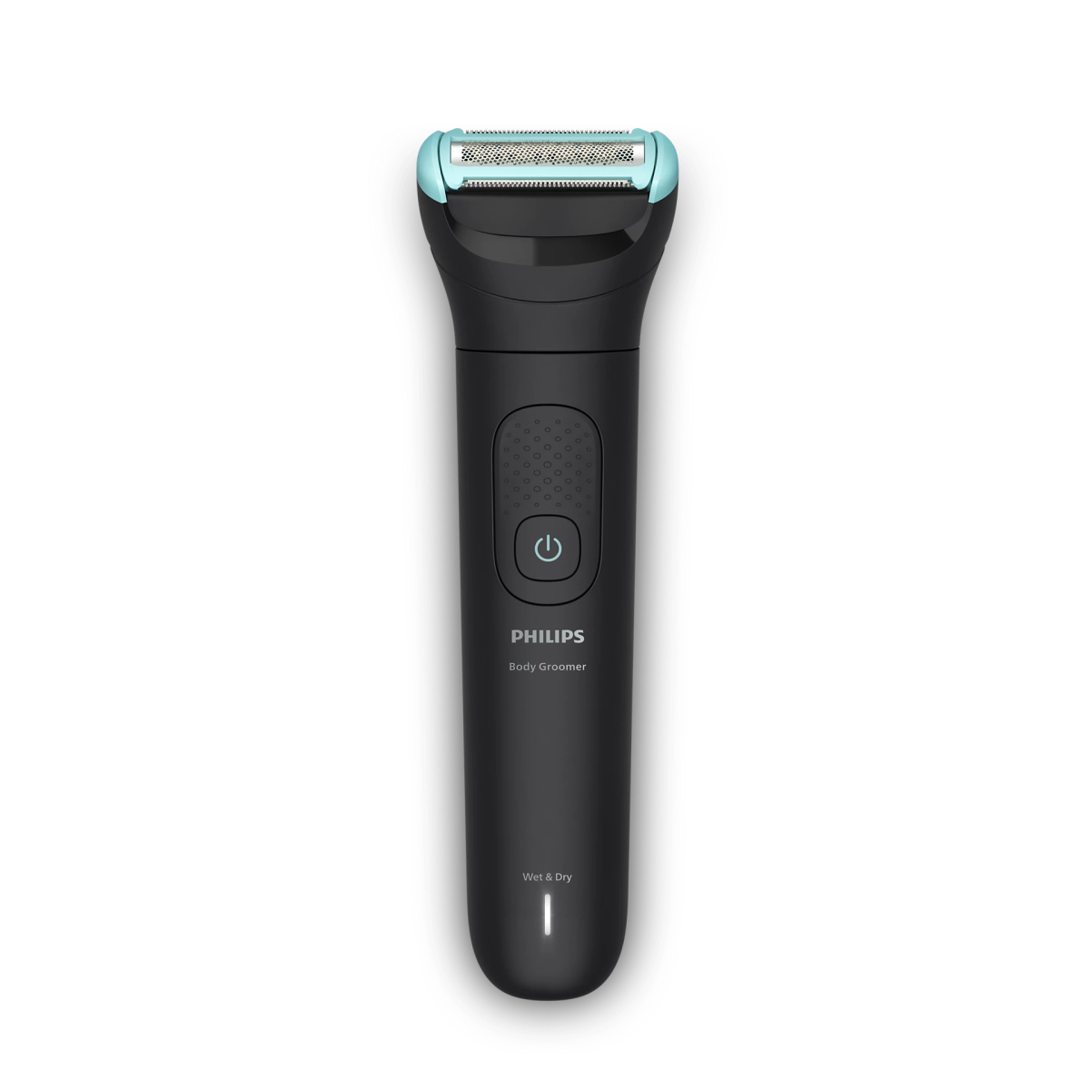 Schwarzer Philips Body Groomer mit blauem Scherkopf in schwarzer Hülle.