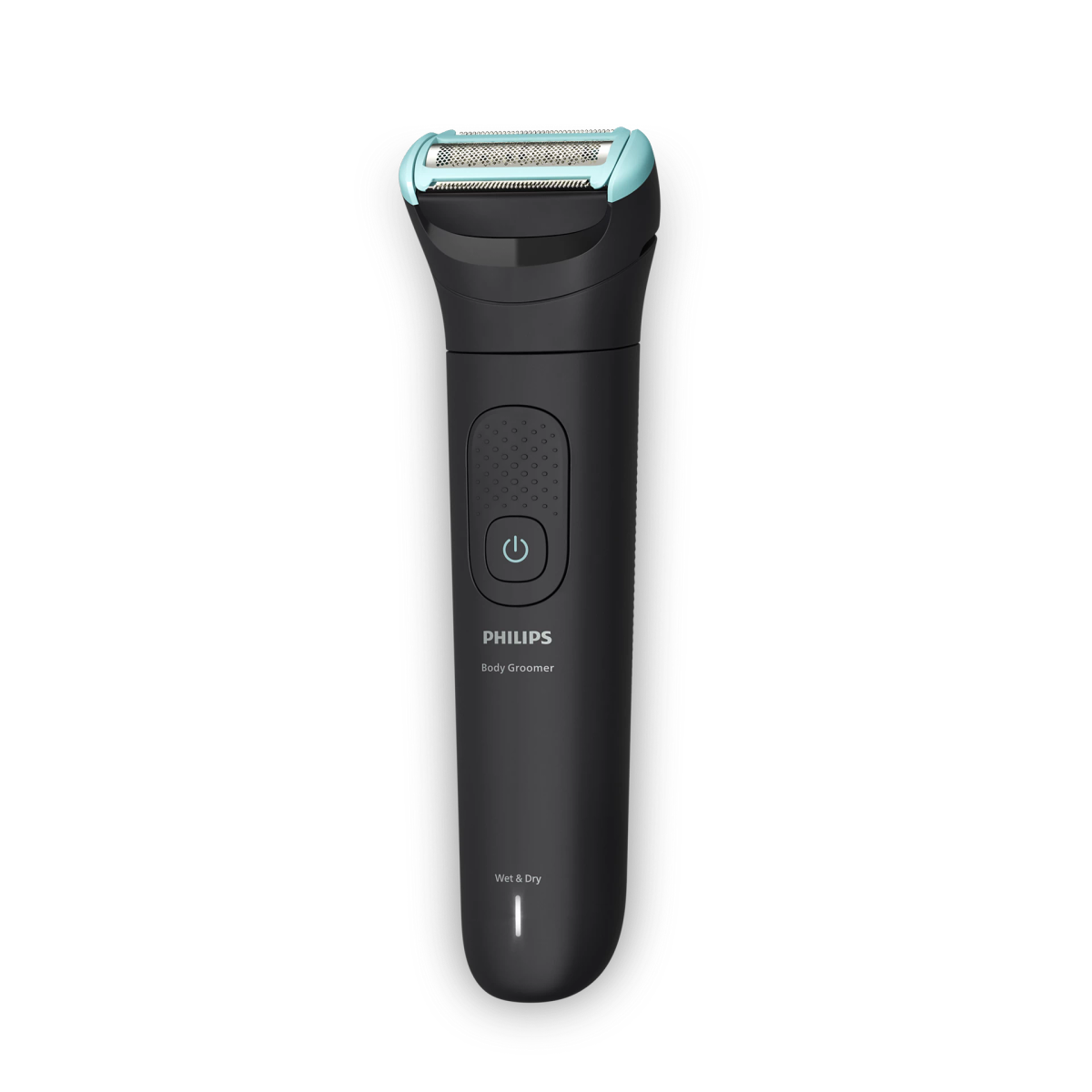 Ein schwarzer Philips Body Groomer mit blauem Akzent am Scherkopf.