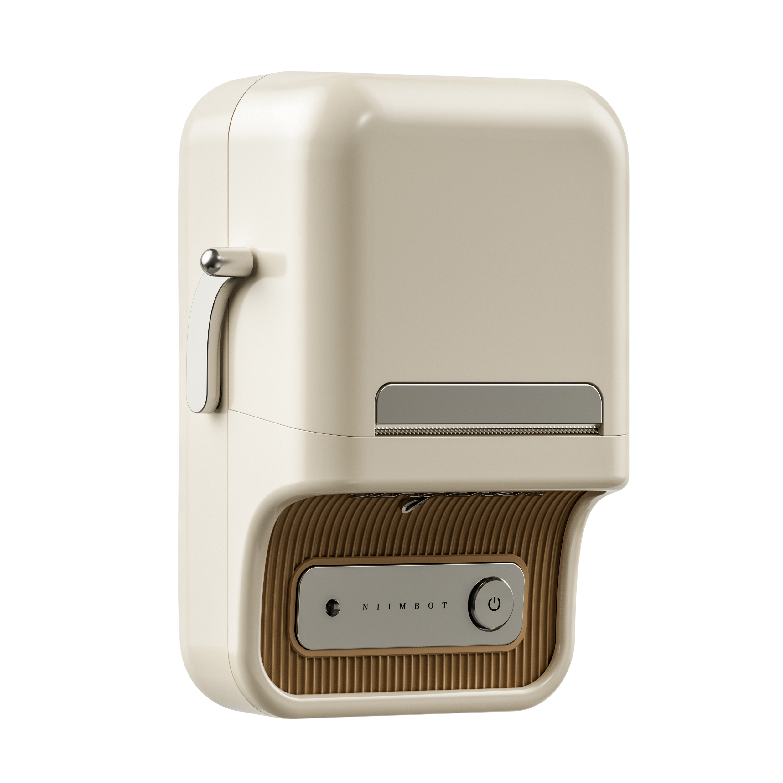 Beżowa drukarka etykiet ze srebrnymi akcentami i uchwytem.