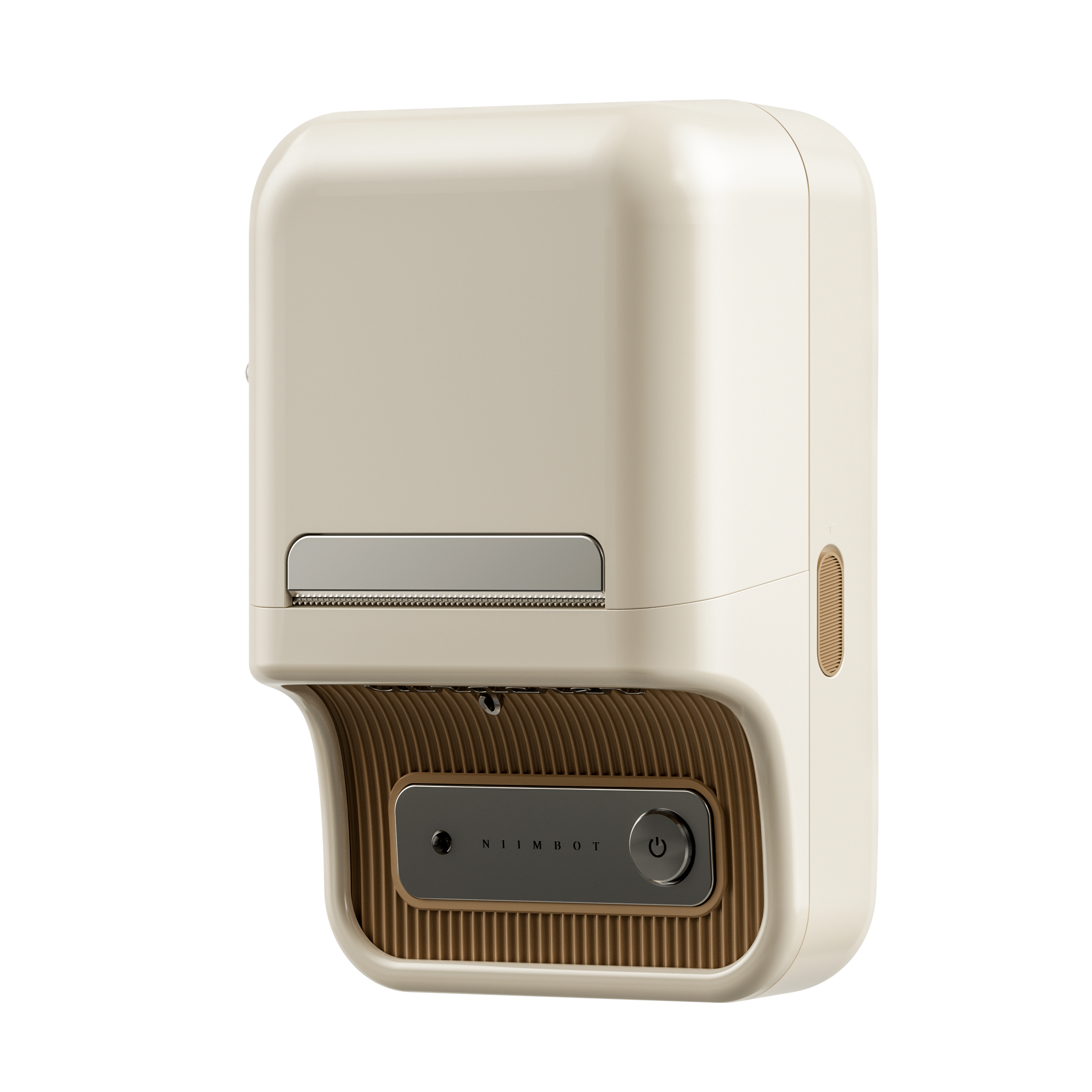 Beżowa drukarka ze złotym otworem wentylacyjnym i przyciskiem zasilania.