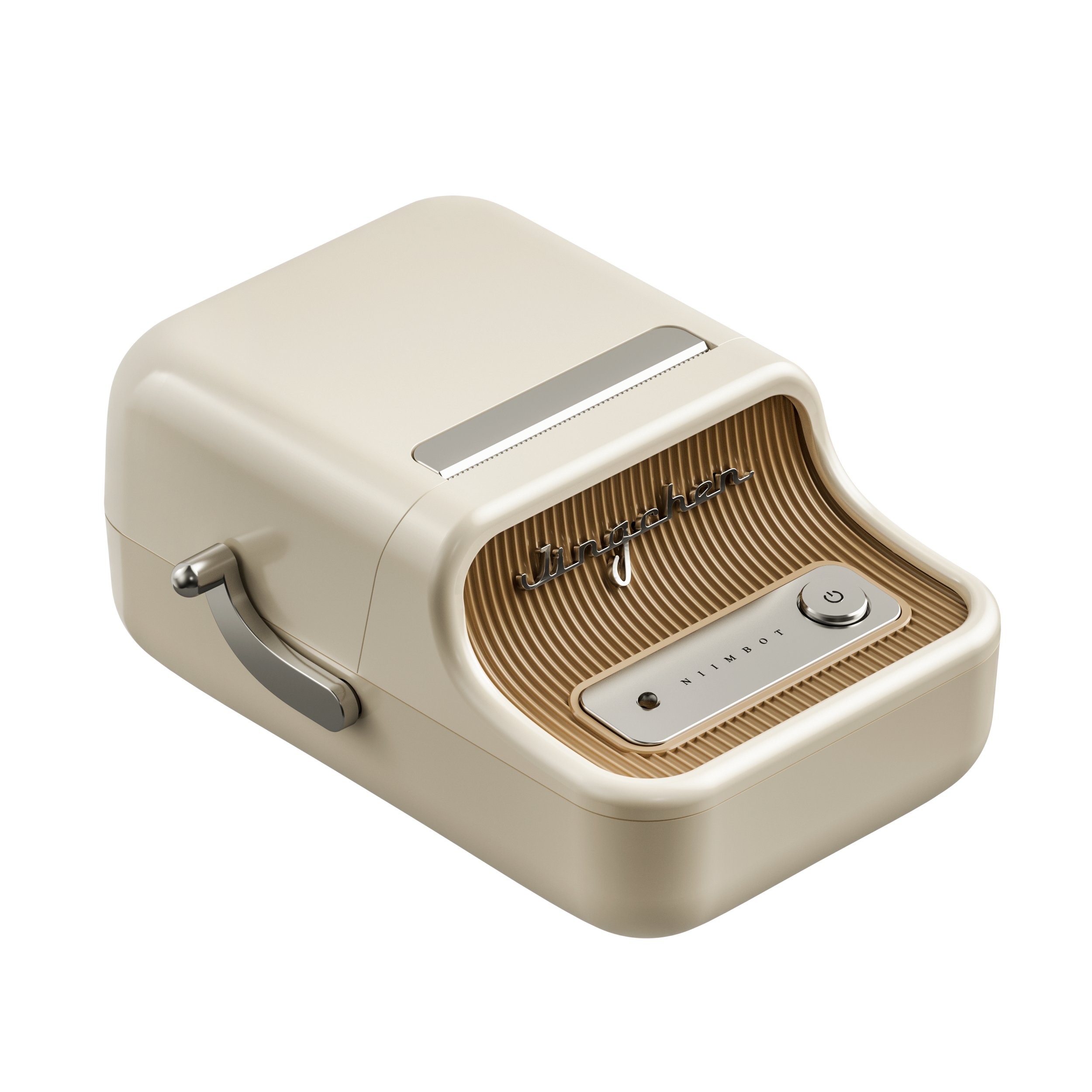 Kremowa drukarka ze srebrną rączką i przyciskiem zasilania.