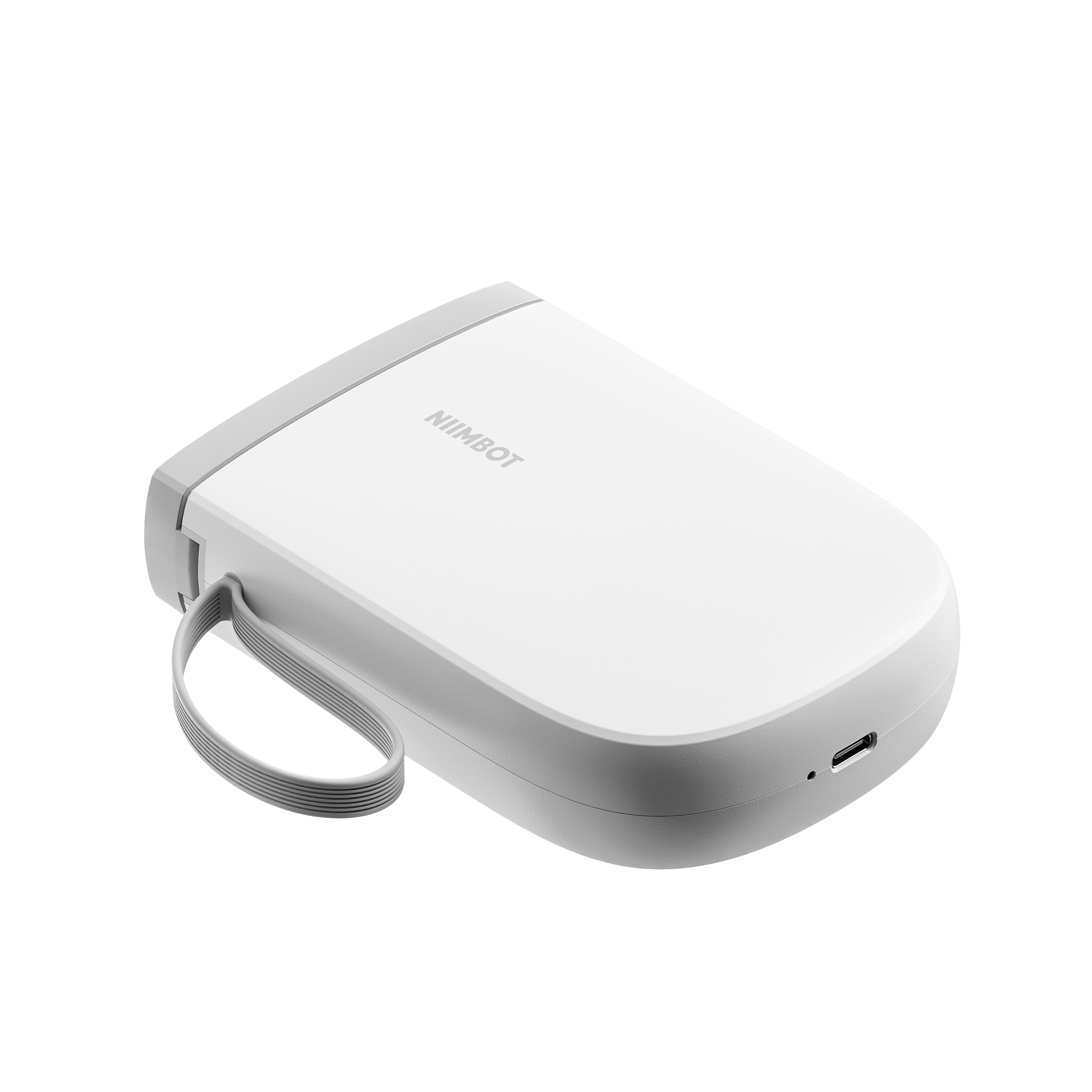 Białe urządzenie NIMBOT z paskiem i portem USB-C.