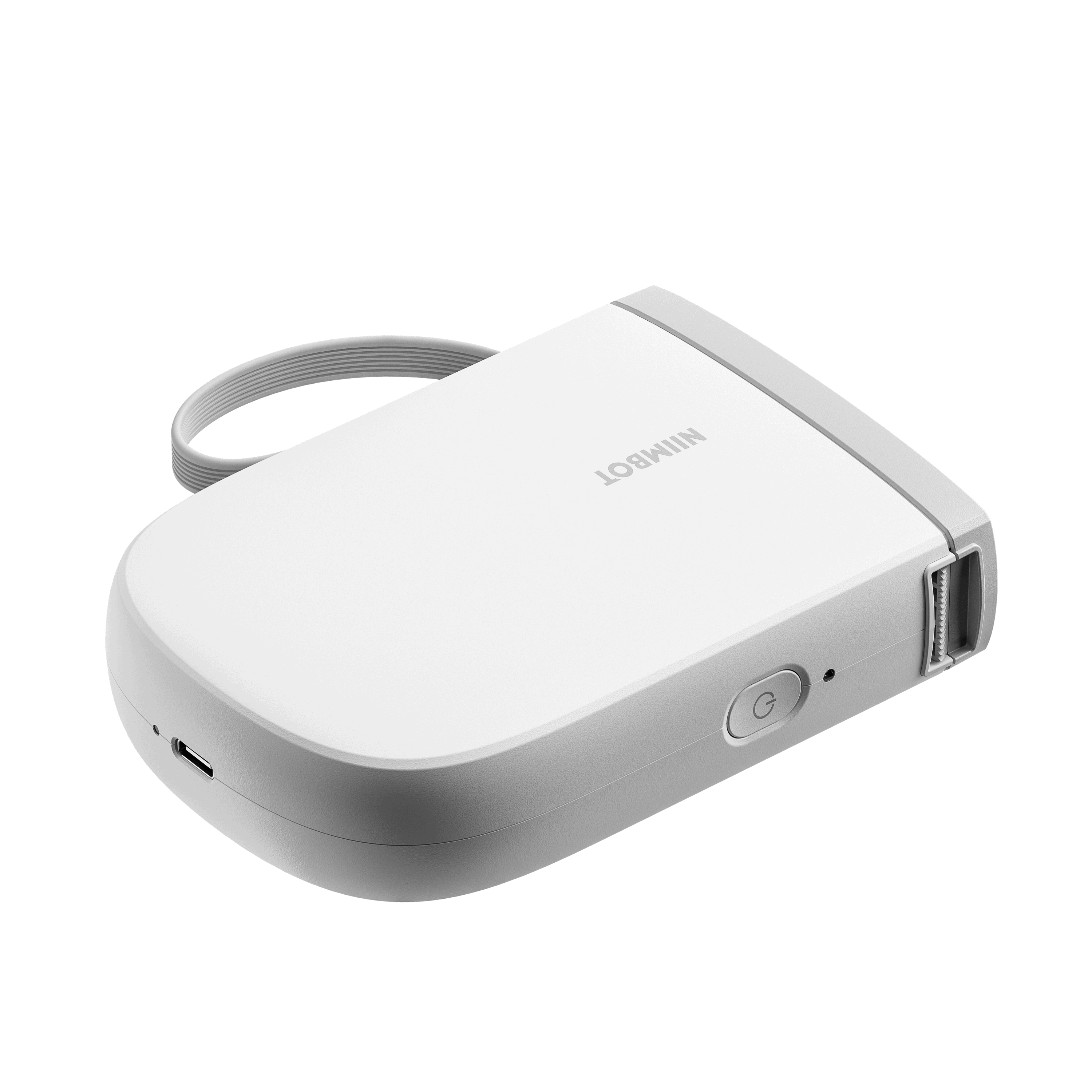 Biała przenośna drukarka etykiet Niimbot z paskiem i portem USB.
