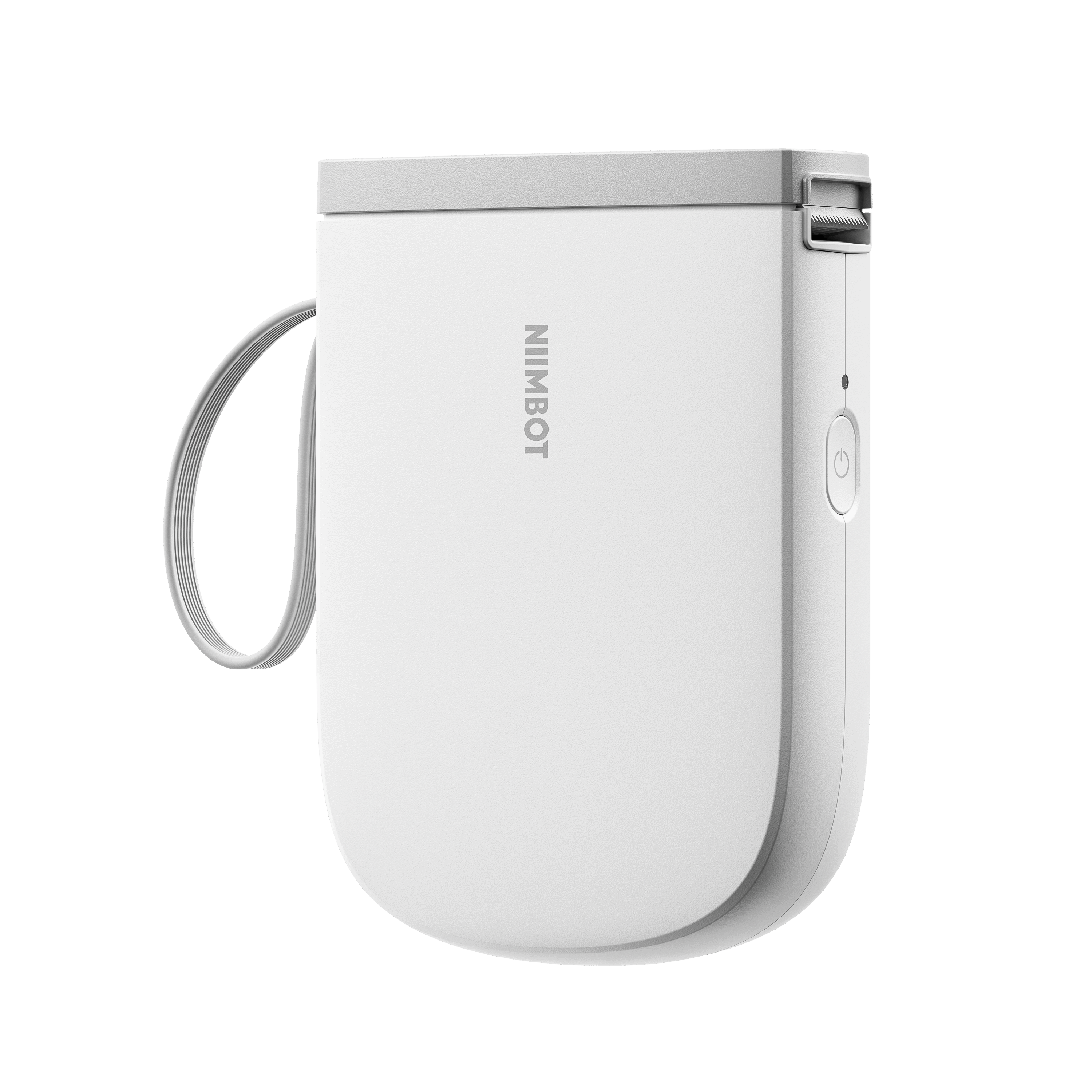Biała drukarka etykiet Niimbot z paskiem i przyciskiem zasilania.