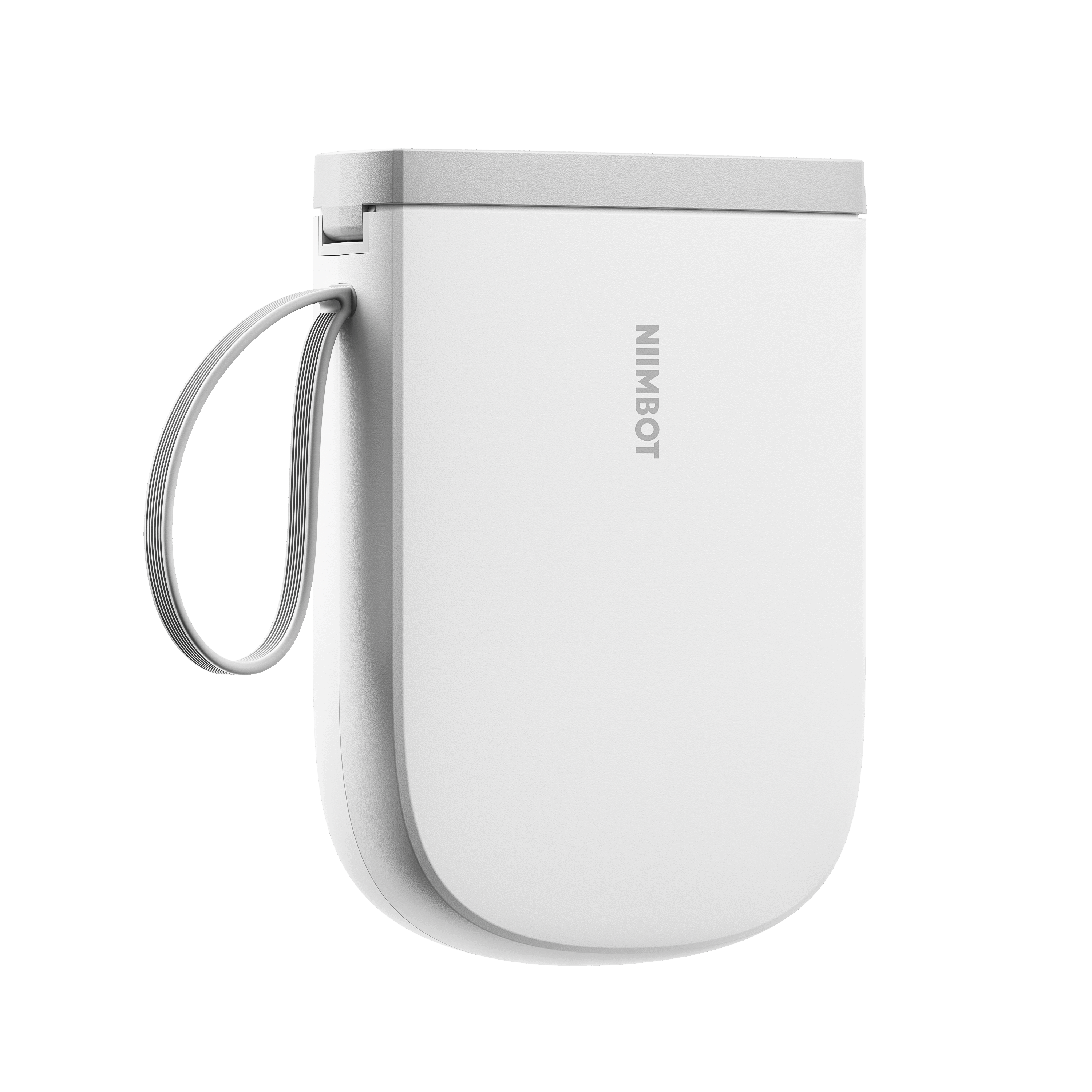 Biała przenośna drukarka ze srebrnym paskiem i logo NIIMBOT.