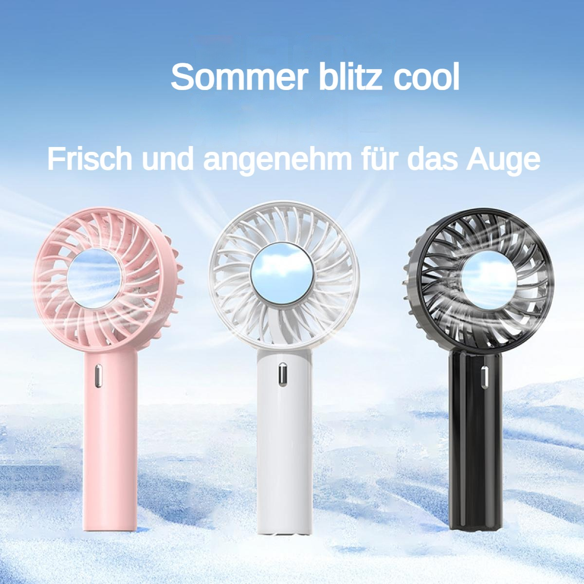 Drei Handventilatoren in Rosa, Weiß und Schwarz vor blauem Himmel.