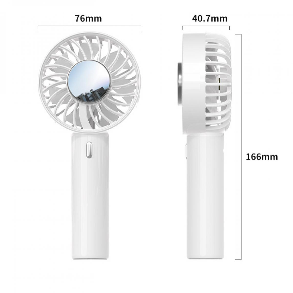 Ein weißer Handventilator mit Maßen 76mm x 40.7mm x 166mm.