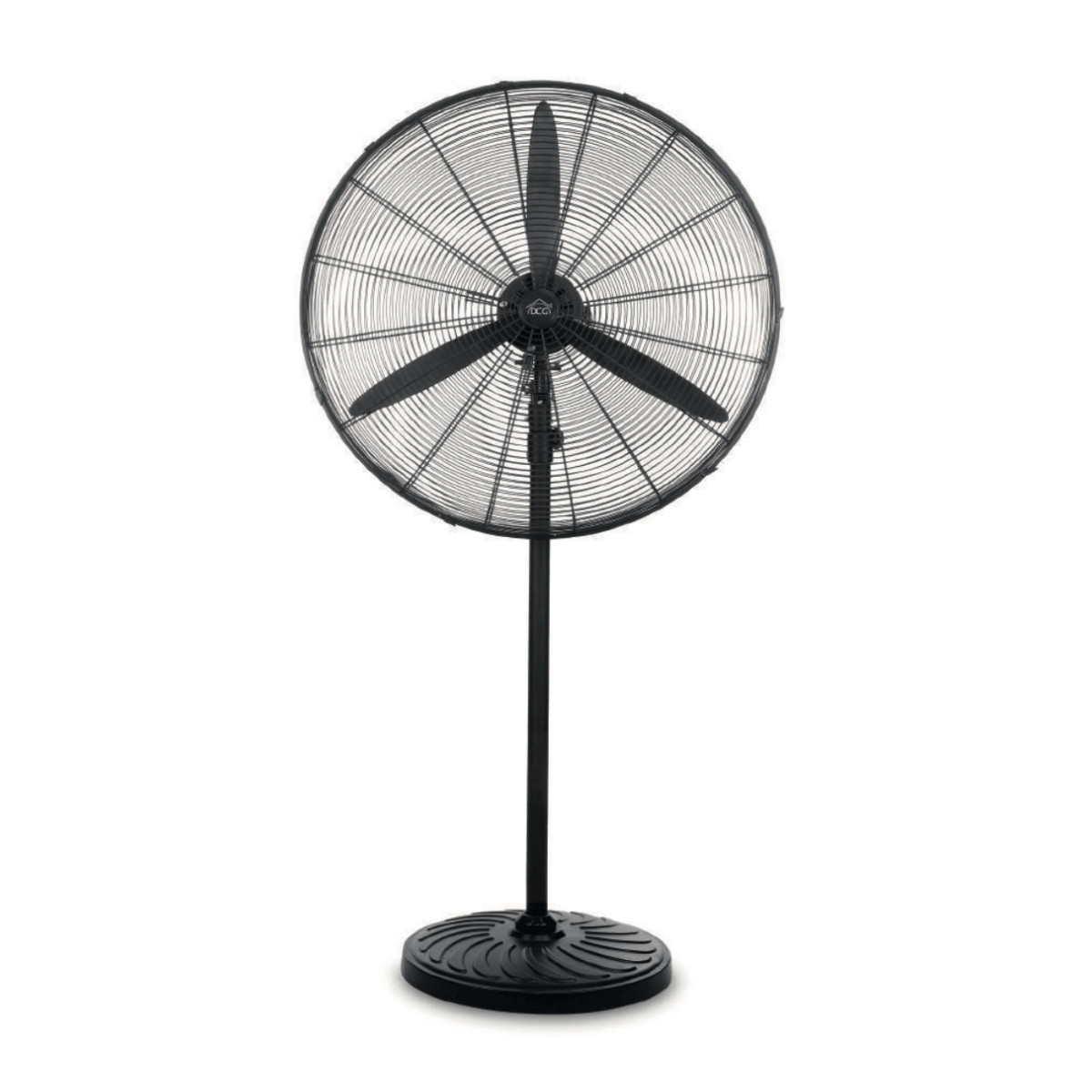 Un ventilatore a piedistallo nero a tre pale con base rotonda.