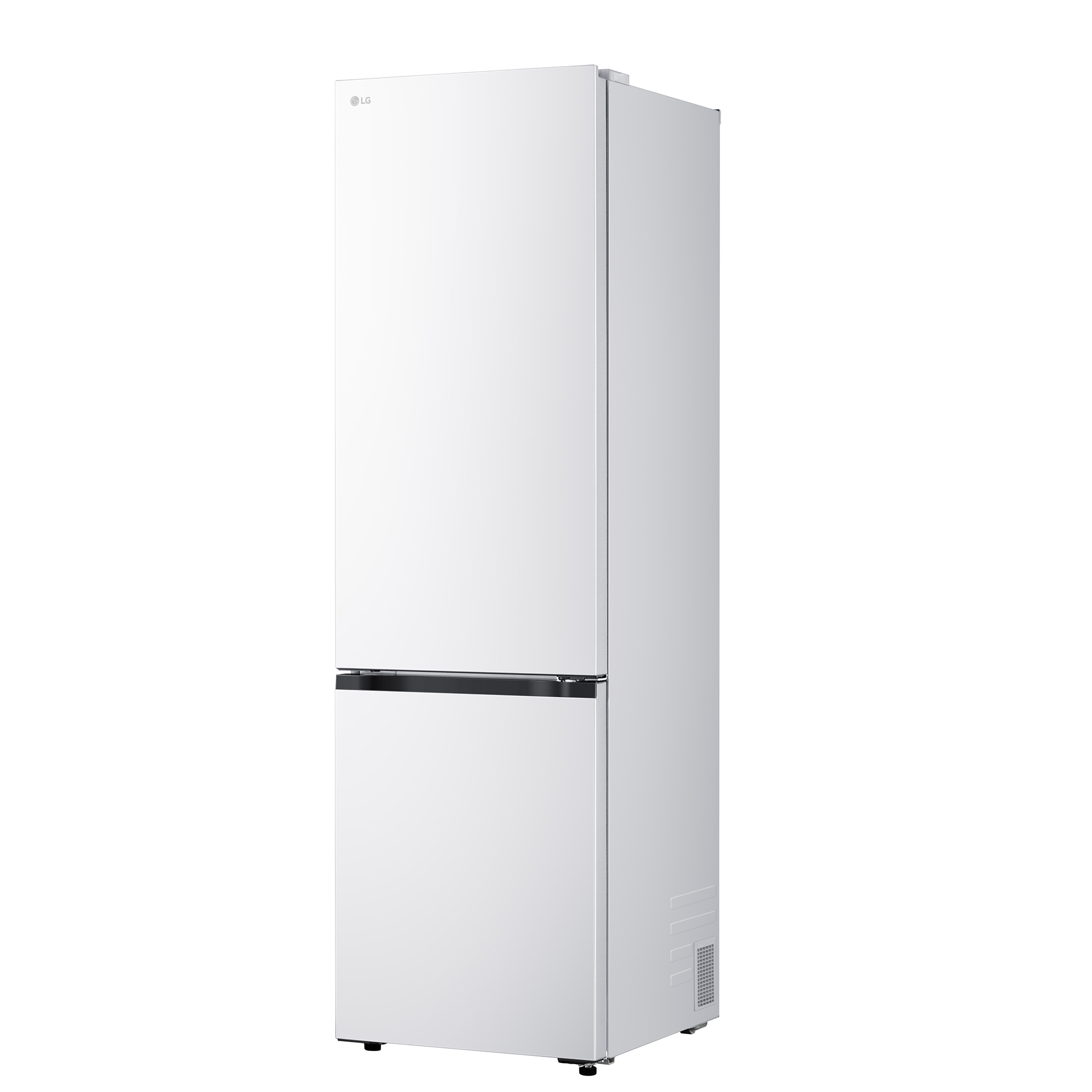 Ein weißer LG Kühlschrank mit Gefrierfach unten steht auf weißem Hintergrund.
