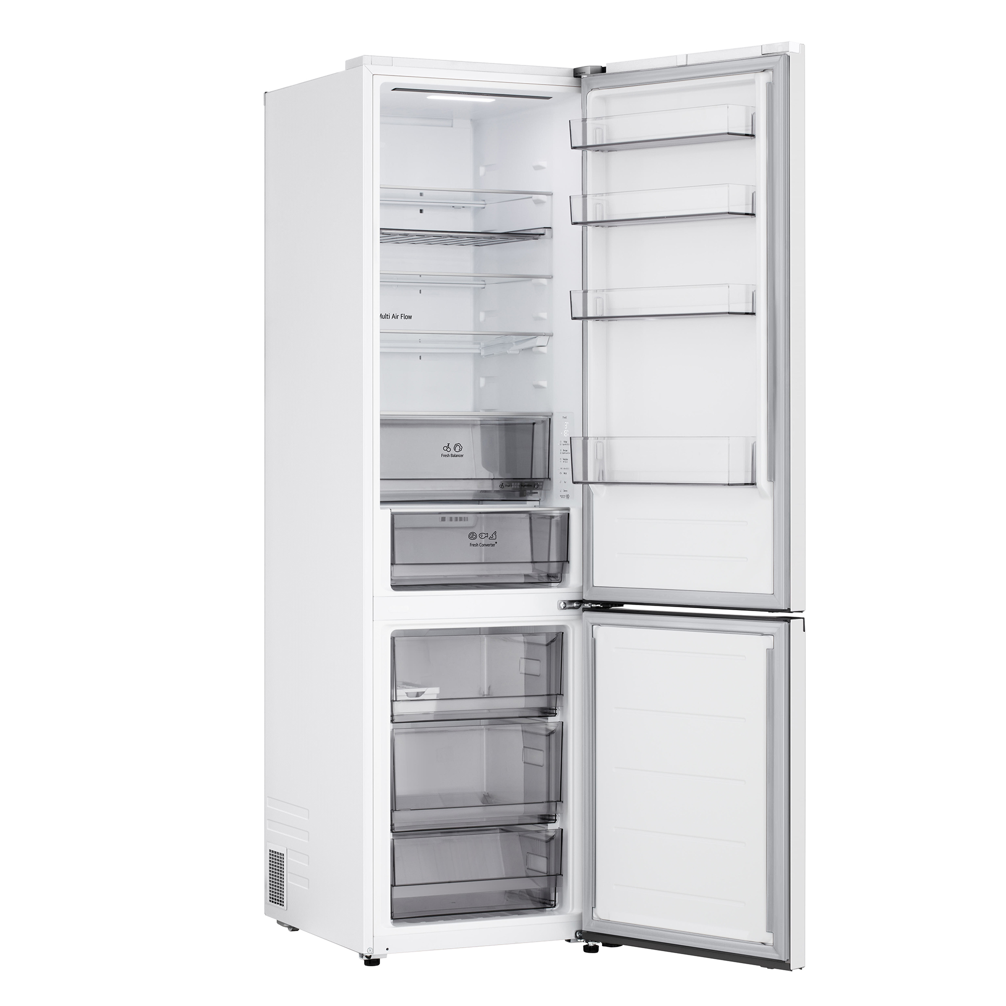 Ein weißer Kühlschrank mit offener Tür, innen mit Regalen und Schubladen.
